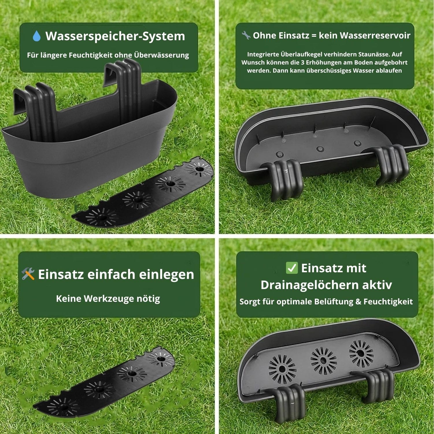 BigDean 4X Blumenkasten Balkongeländer 50cm mit Wasserspeicher Anthrazit | Balkonkasten inklusive Halterung, Blumentopf zum Aufhängen