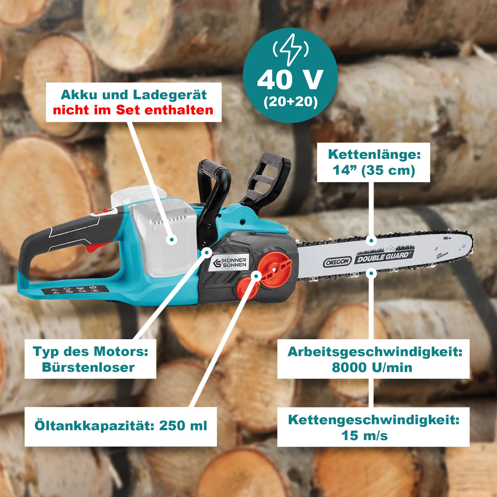 Motosierra de batería KS CS40V-14, voltaje nominal 40 (20+20) V, velocidad de funcionamiento 8000 rpm, longitud de cadena 14” (35 cm), velocidad de la cadena 15 m/s, tensado de la cadena sin herramien