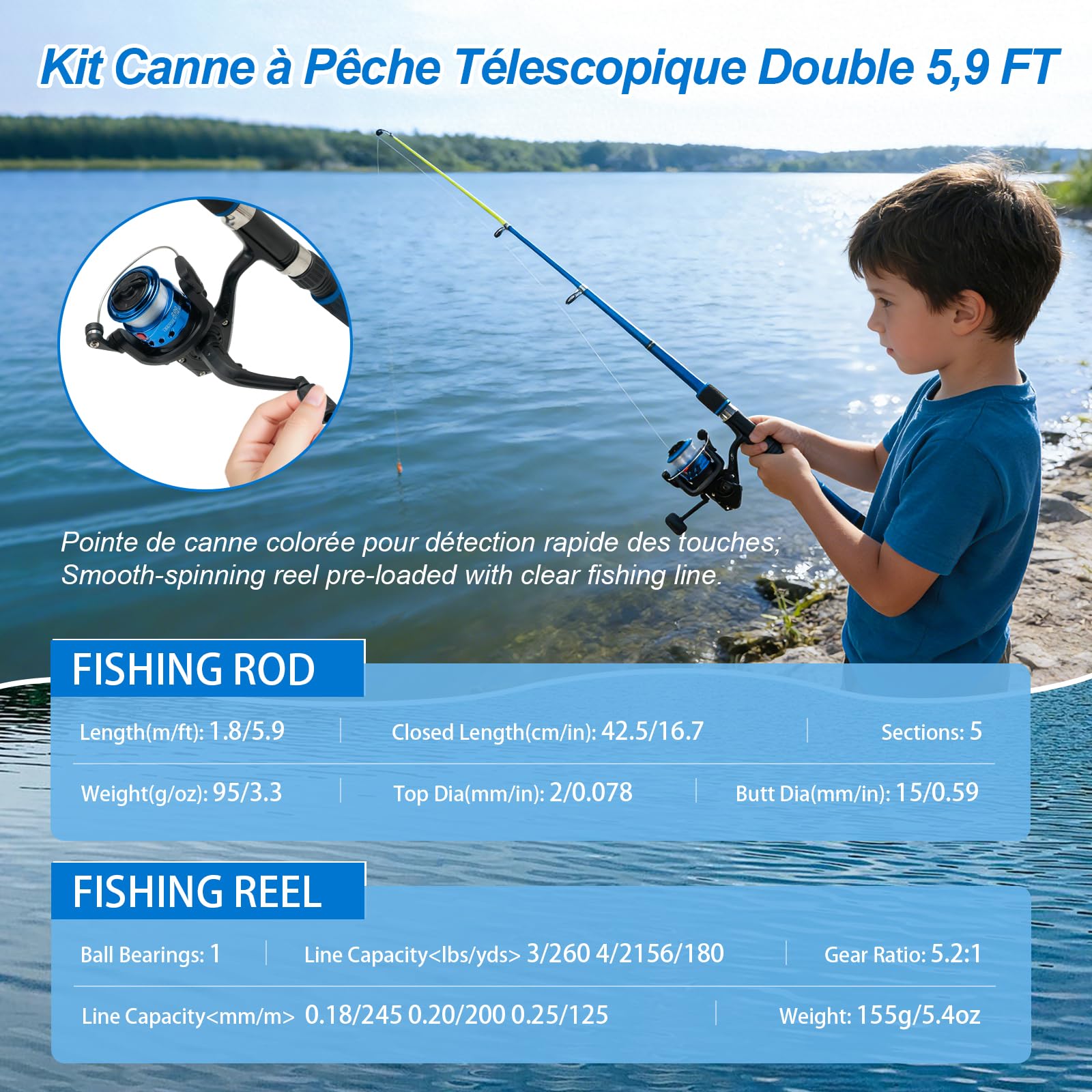 Cannes à Pêche Enfants Télescopiques 1,8m Kit Complet Débutants avec Moulinet 5,2:1 Leurres Sac de Transport Mer Lac