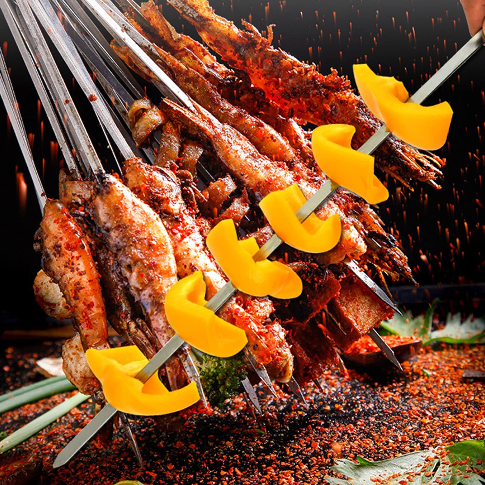 Spiedini per barbecue, 12 pezzi, 39 cm, in acciaio inox, lunghi spiedini per carne, per falò o barbecue