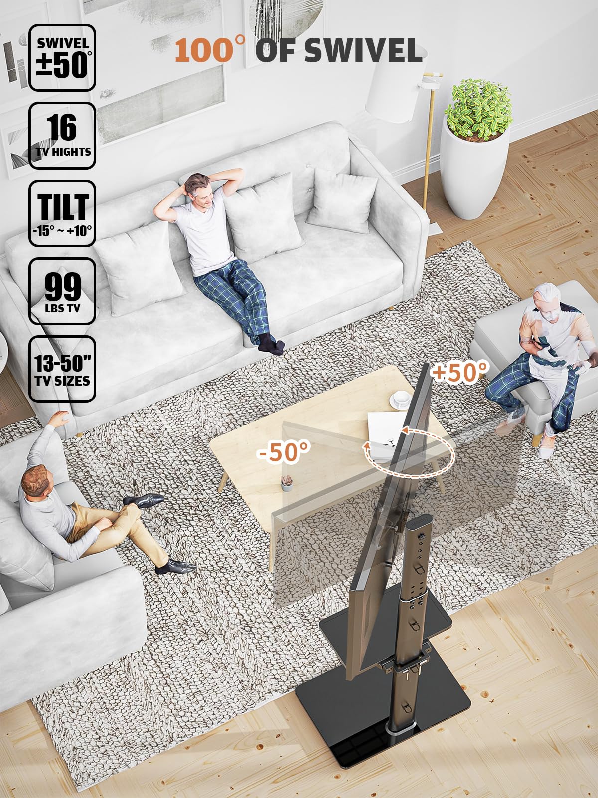 Hemudu Supporto TV da Pavimento Regolabile in Altezza 16 Livelli, Porta TV da Terra Mobile per TV LCD LED da 19 a 43 Pollici, Staffa TV Girevole 100º, Fino a 45 kg, Max VESA 200 x200 mm, 2 Ripiani