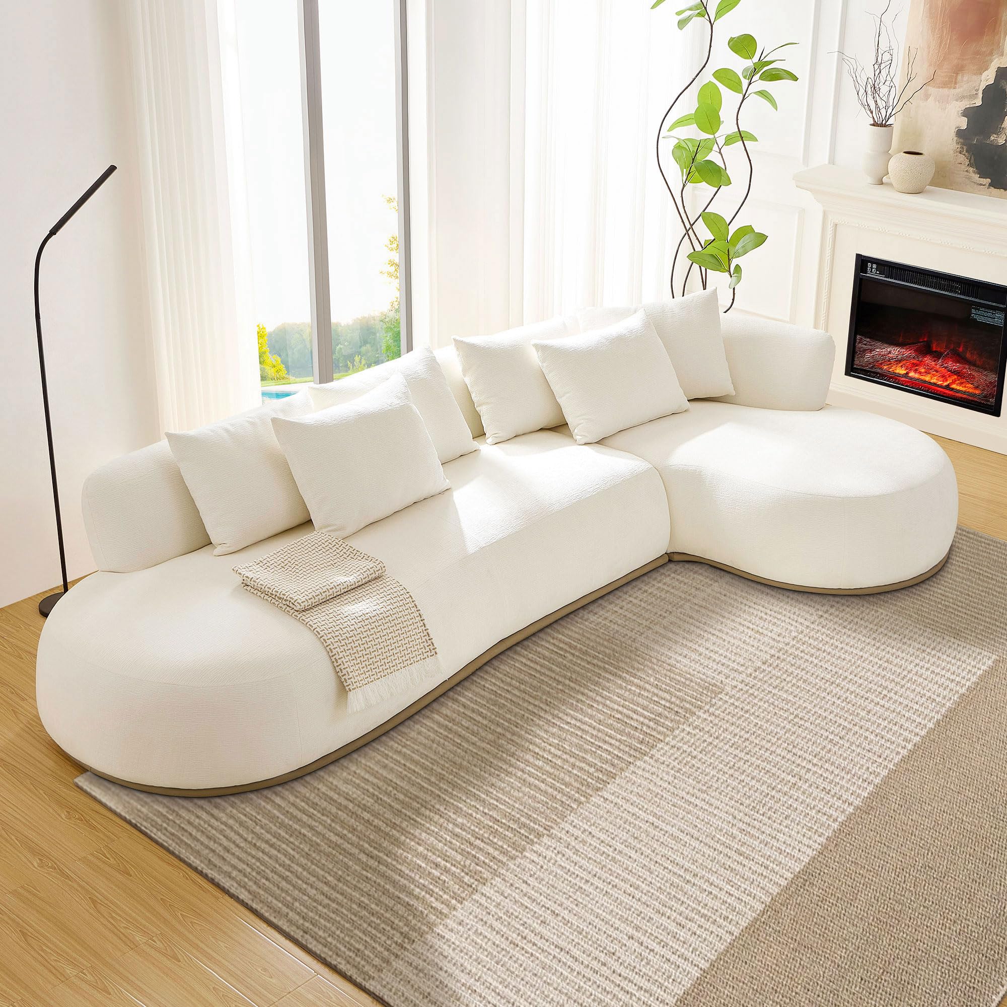 WILLIAMSPACE 134.63" Oversize Curved Sofa Cloud Couch with Round Chaise, Modern Upholstered Curved Sectional Sofa Couch with 6 Pillows for Living Room