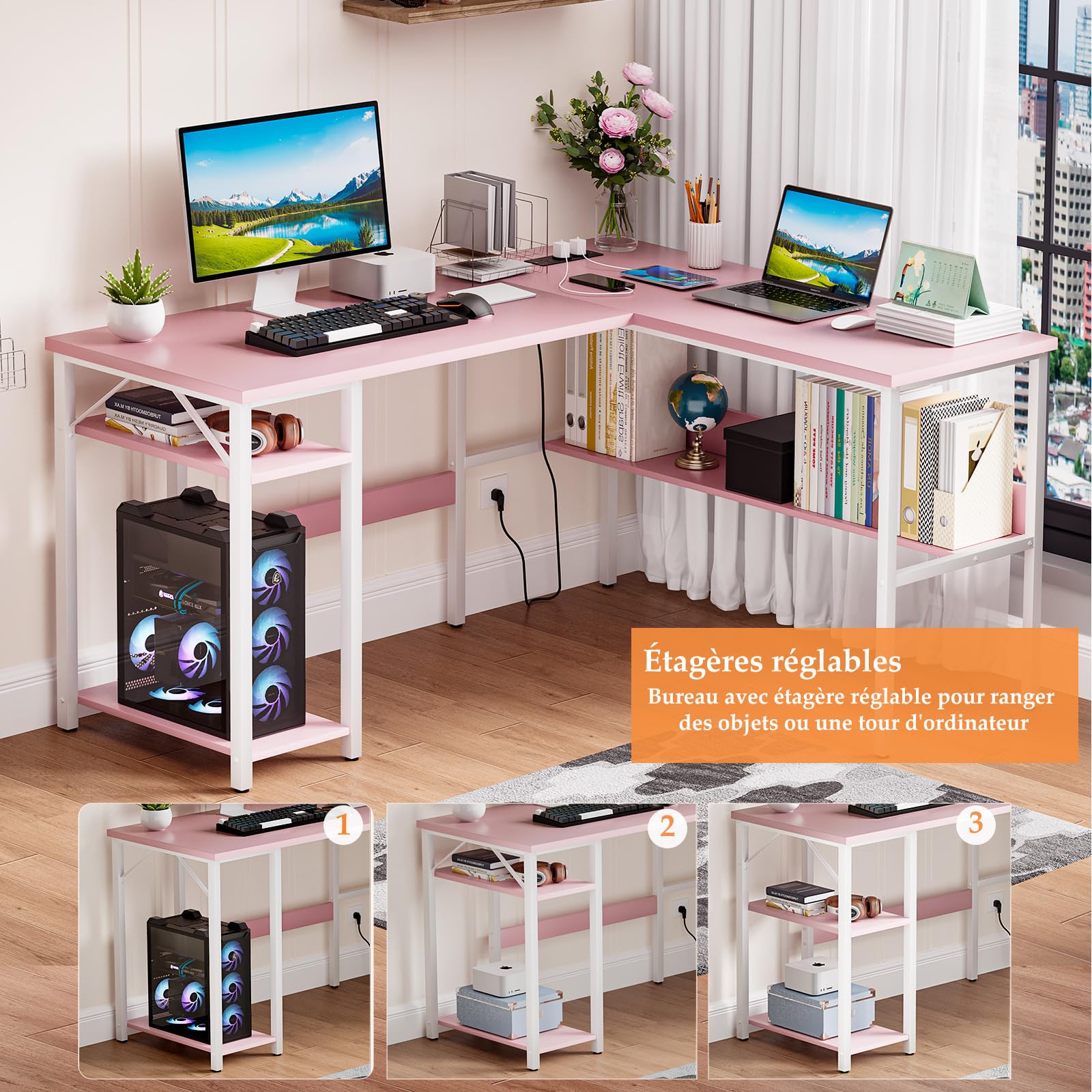 Homieasy Bureau d'angle 128cm avec Prises et USB, Rose