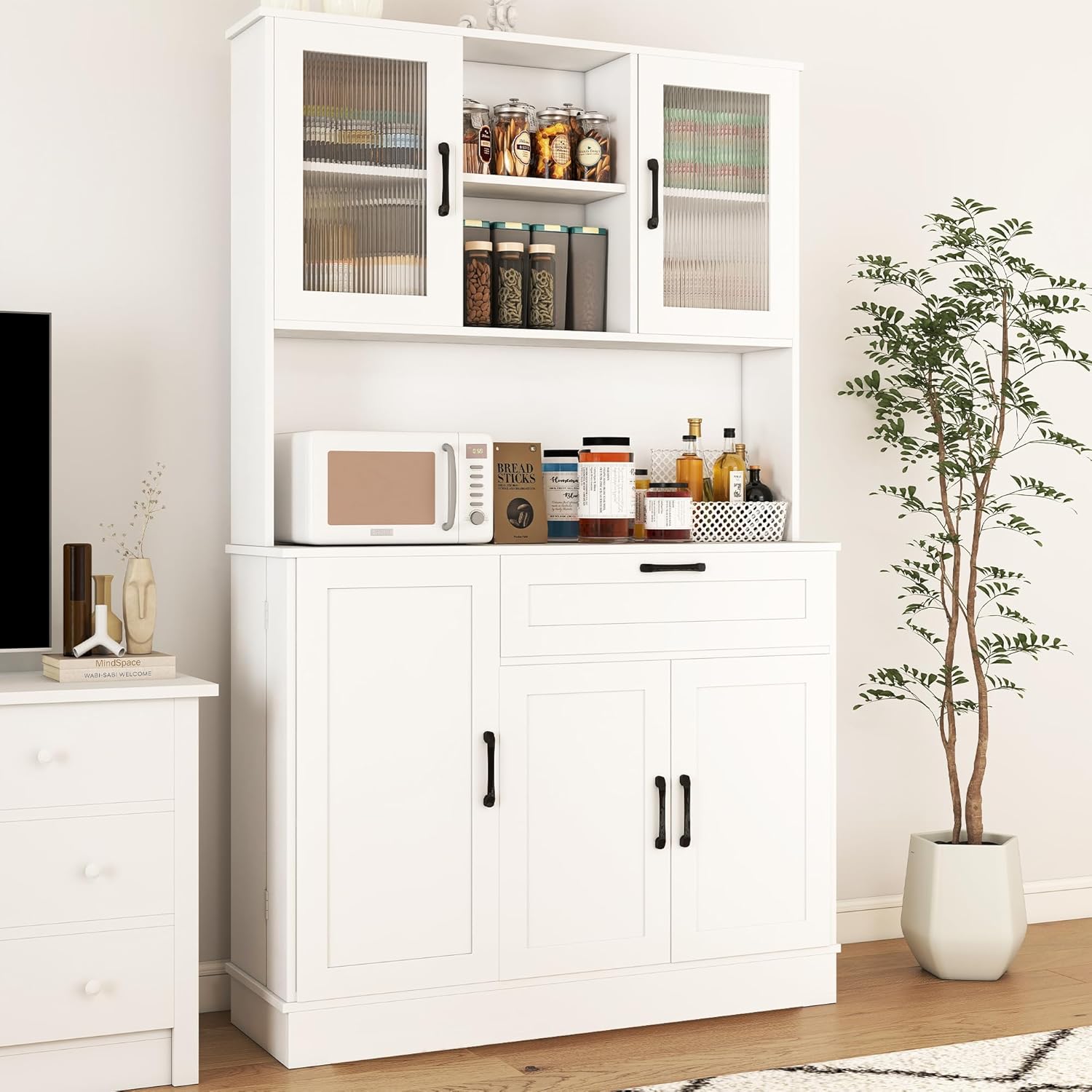 COCO DESIGN Kitchen Storage Cabinet, Pantry Cabinet with Fluted Glass Doors, White Freestanding Pantry Cabinet with Microwave Stand, Drawer & Adjustable Shelves, Kitchen Hutch for Dining Room Pantry