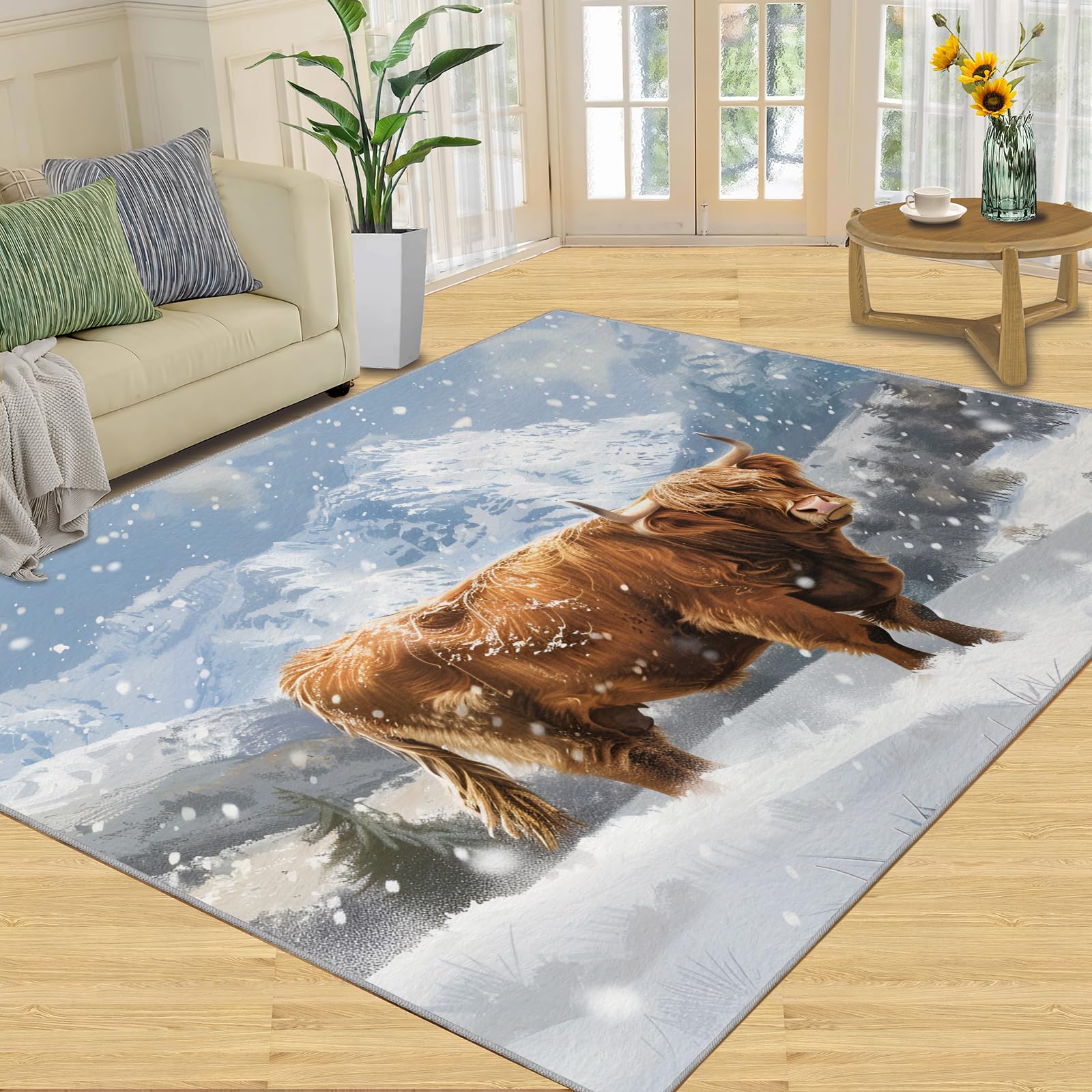 HYGIUID Kitchen Runner - 80 x 150 cm Highland Cow Door Runner, Snowy Mountain Plateau Cattle Bedroom Rugs Non Slip Anti Fatigue for Hall Entrance Hallway Corridor — image 1