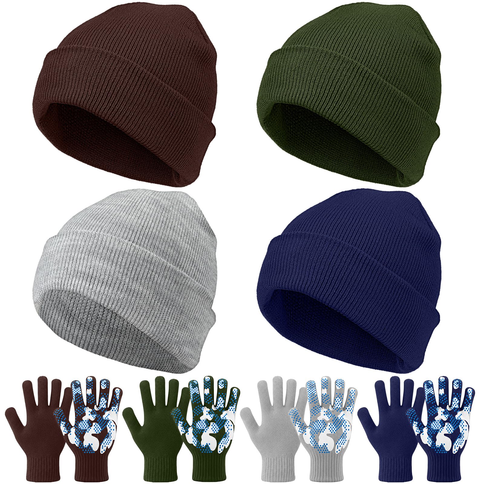 Evervibe 8 Pack Kids Beanie Hats and Gloves Set Knitted Beanies Hat Warm Stretch Gripper Gloves Winter Hats for Boys Girls