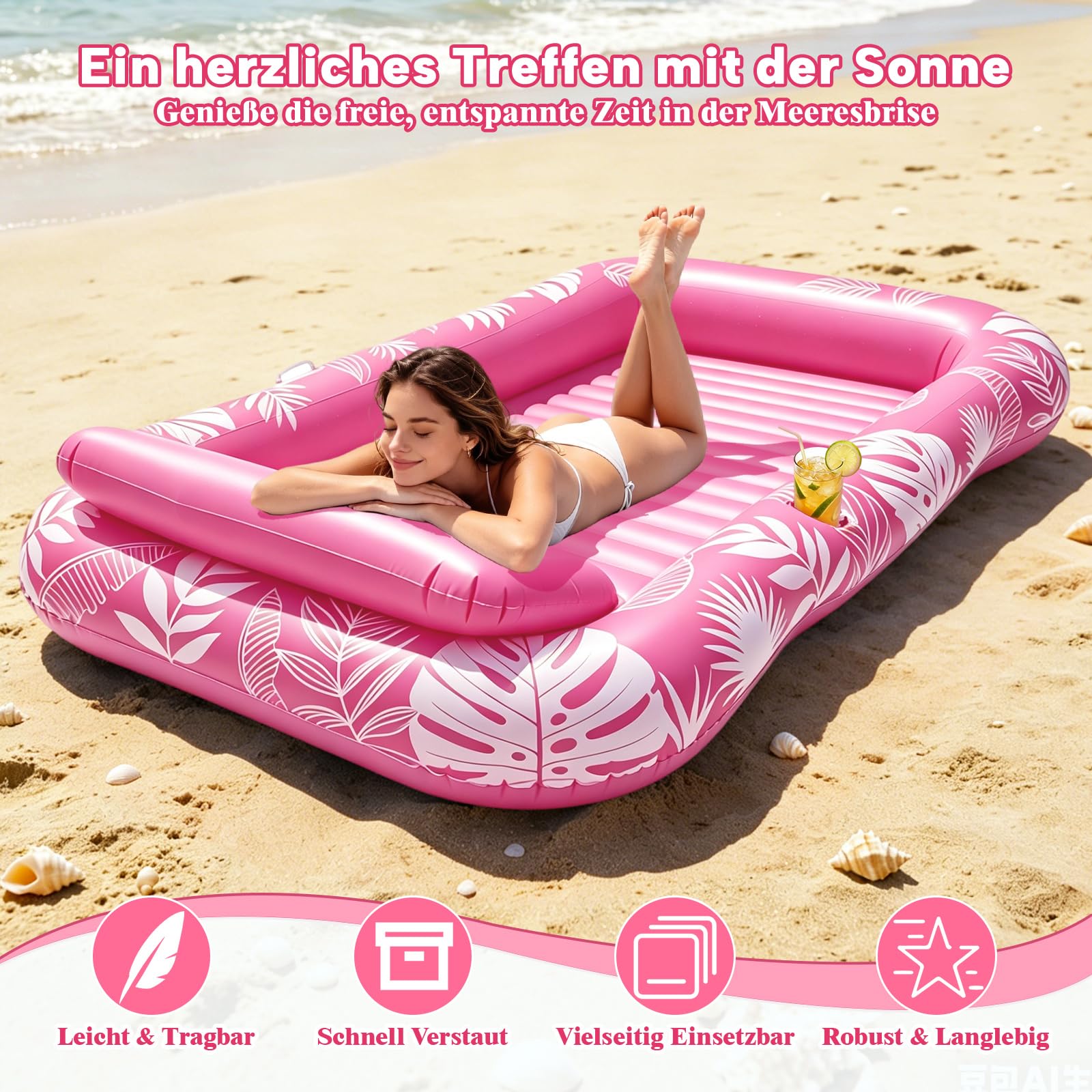 Tanning Pool mit Eingebautem Sprinkler, Luftmatratze Schwimminsel mit Getränkehalter, Griff und Rückenlehne, Amphibisch Luftmatratze Wasser Erwachsene Geeignet für Schwimmbäder, Strände, Gärten