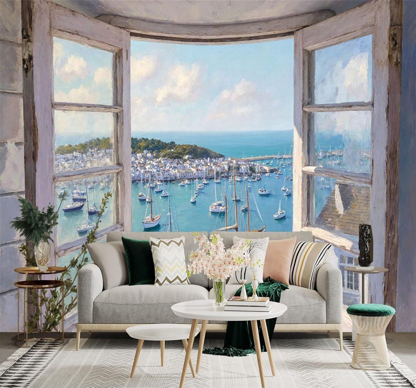 Tzxztt 400Cm×280Cm(B×H) Vintage Windows Balcony Sailing Boat Coastal Town Modern 3D Wallpaper Premium Textured Silk Neutral Tones Material Ideal For Living Room Bedroom-400Cm×280Cm