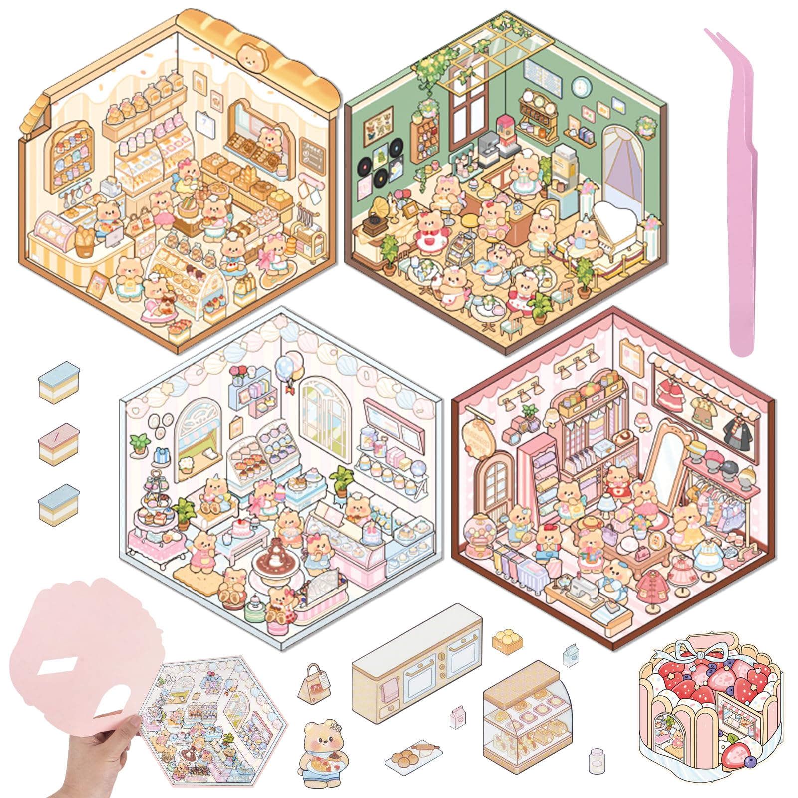 Prosperify DIY 3D House Scene Stickers, 4 Set Cartoon Miniature Shop Stickers (Clothing Store/Coffee Shop/Bakery/Dessert Shop), Make Your Own Mini Shop with Tweezer for Adult Relief Stress Pass Time