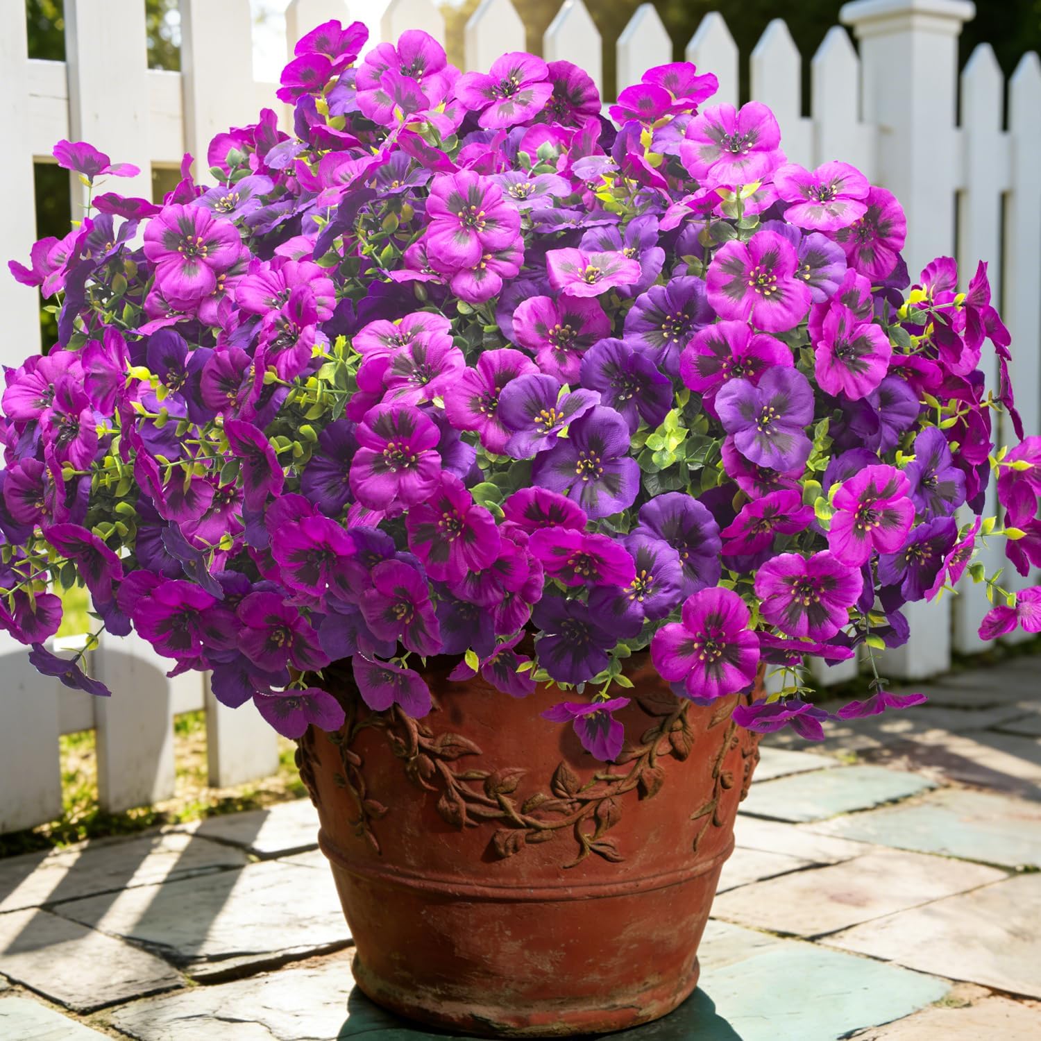 Grunyia Fake Flowers 16Pcs Artificial Pansy Silk Flowers UV Resistant for Outdoor Planters, Realistic Faux Pansies for Porch Patio Window Box Decor (Deep Purple & Light Purple)