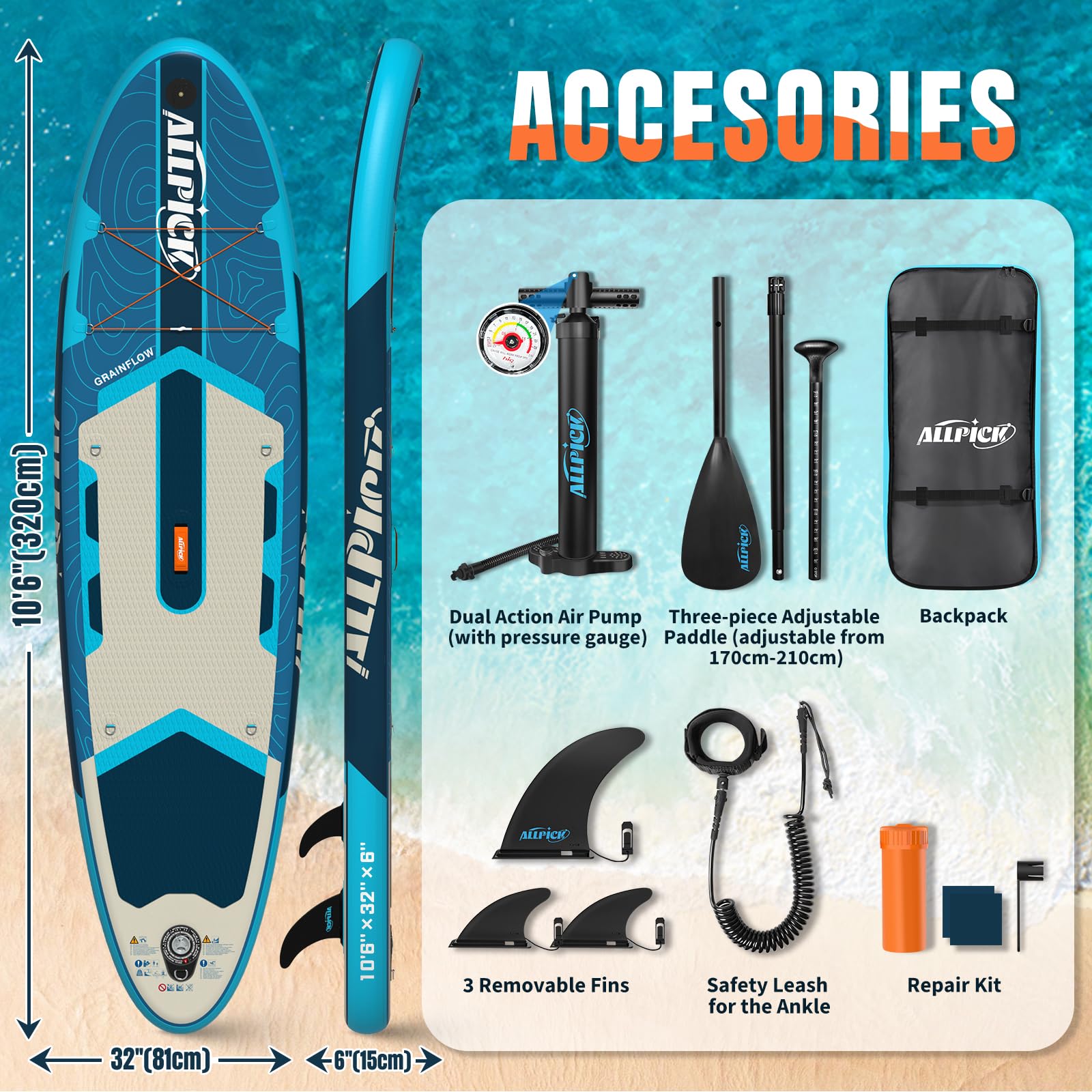 ALLPICK Premium SUP Board Set, Stand Up Paddling Board Aufblasbar, Mit Universal Kamerahalterung, Komplettes Zubehör, Verstellbares Paddel, Anfänger, Fortgeschrittene,200kg