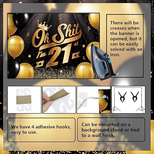 Miniatura 4 de Oh S*hit I'm 21st Banner telón de fondo negro dorado globos corona confeti Hallo Quince Cheers to 21 años decoración temática decoración para hombre