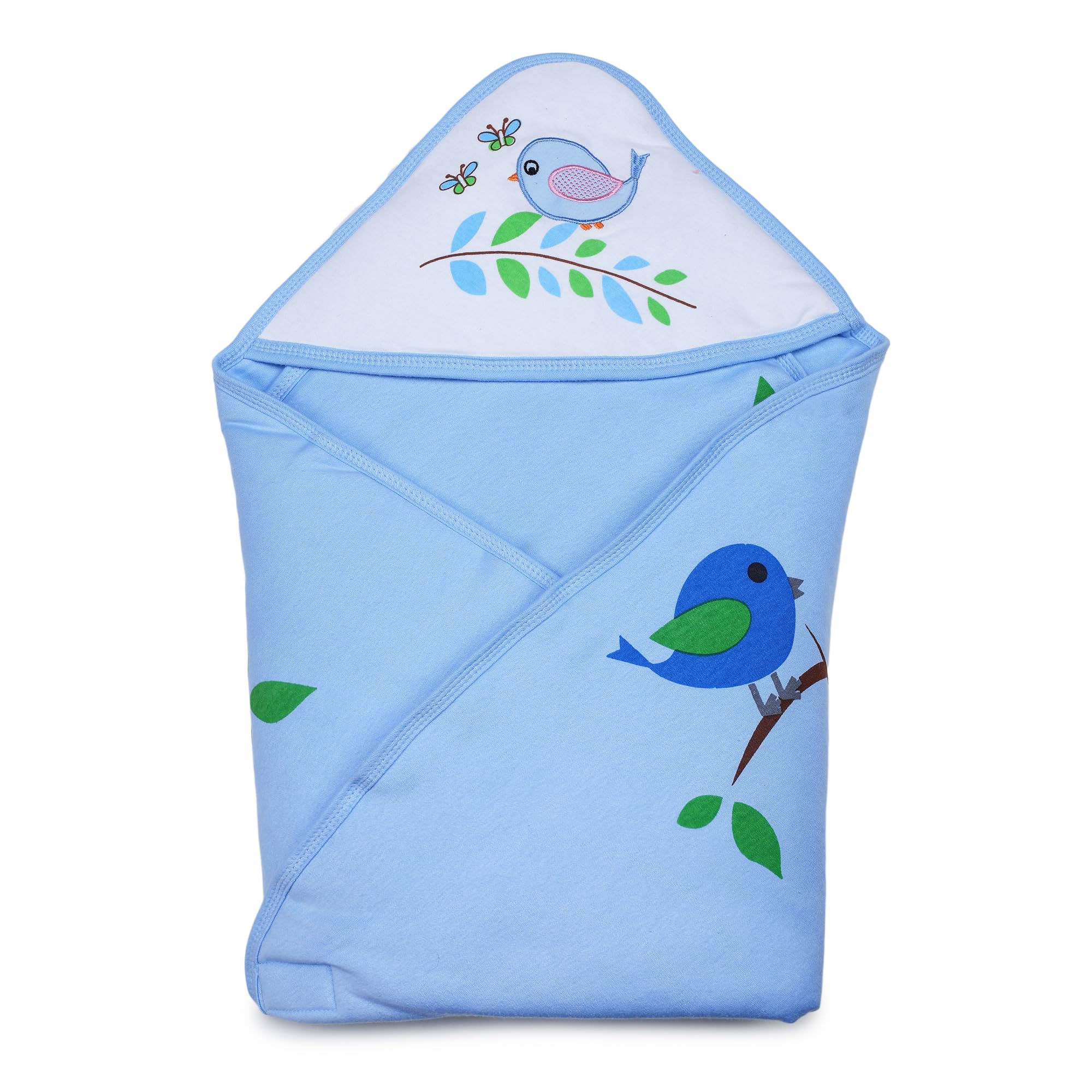 Phedarus Multipurpose Warm and Soft Hooded Quilted Baby Wrapper/Blanket Bird Print | Velcro Closure | 0-6 Months | 80cms x 75 cms | Blue | Light Weight, Travel Friendly, All Weather