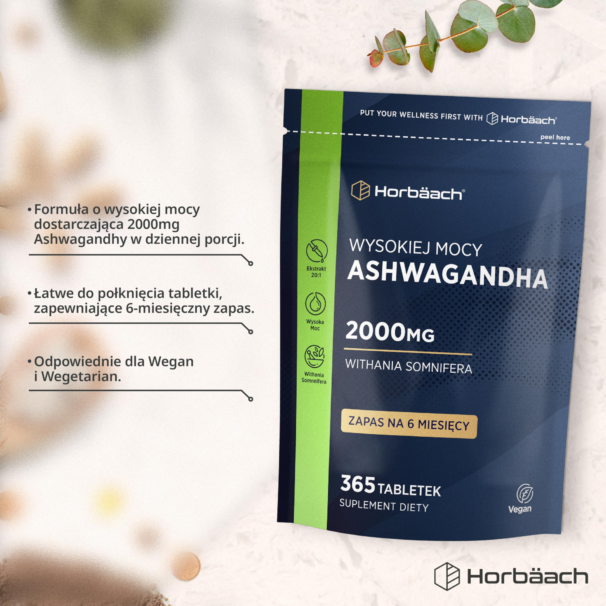 Ashwagandha KSM-66® 1200mg (BIO) | 5% Witanolidów | Organiczny Suplement w Proszku z Korzenia Ashwagandhy | Wysoka moc | 180 Kapsułek Wegańskich | marki Horbaach