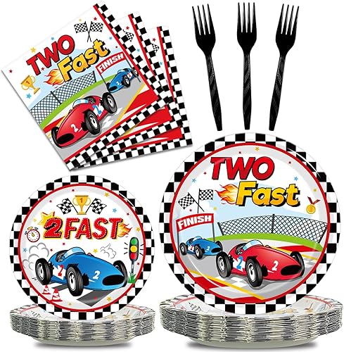 Miniatura 1 de Kepeel 96 piezas de dos suministros rápidos para fiesta de cumpleaños, juego de platos y servilletas de auto de carreras para niños y niños, pista