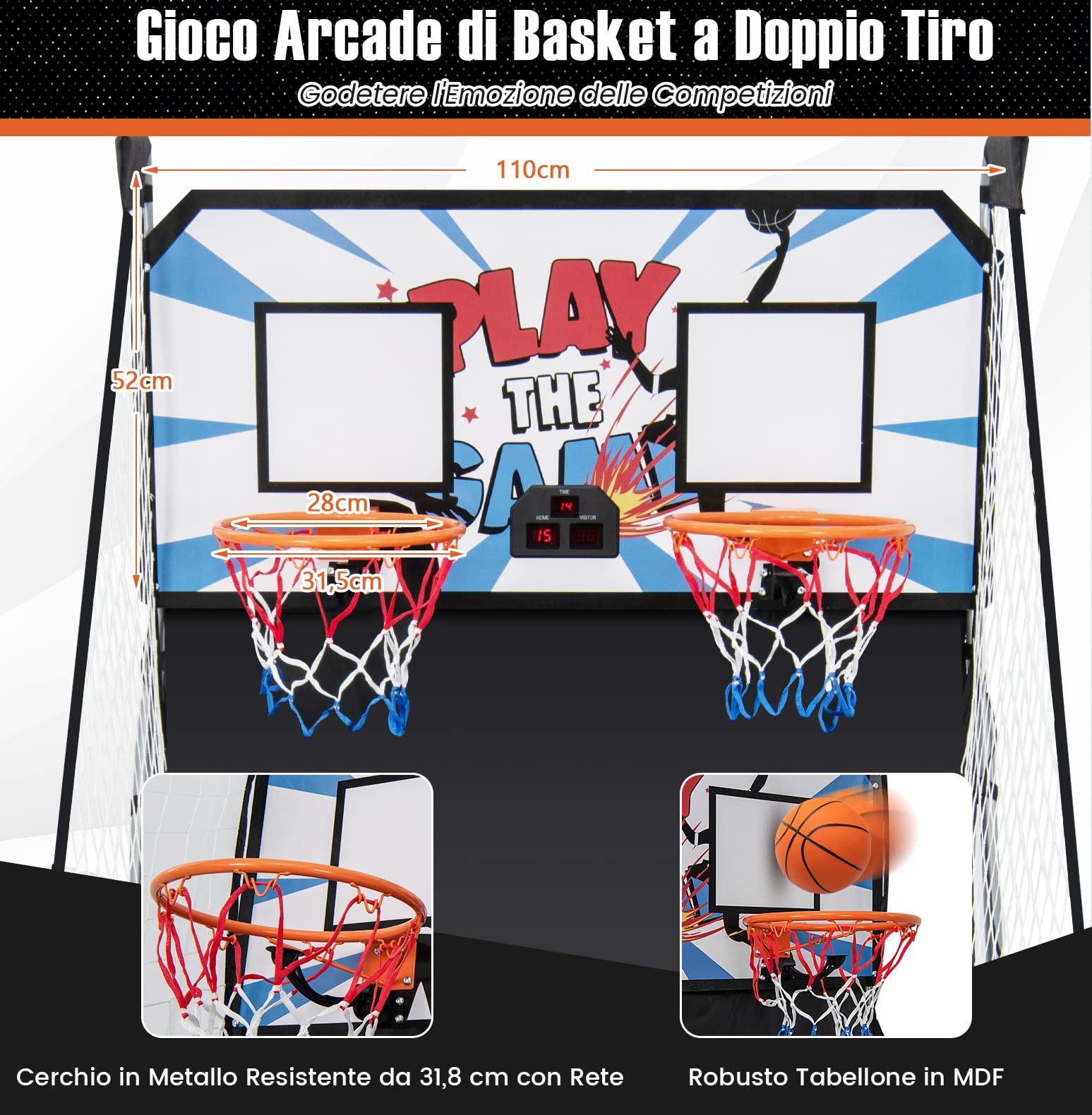 COSTWAY Macchina da Pallacanestro Elettronica, Canestro Basket da Camera a Doppio Tiro Pieghevole con Punteggio Elettronico, 4 Palle, 8 Modalità di Gioco e 2 Canestri (Bianco)