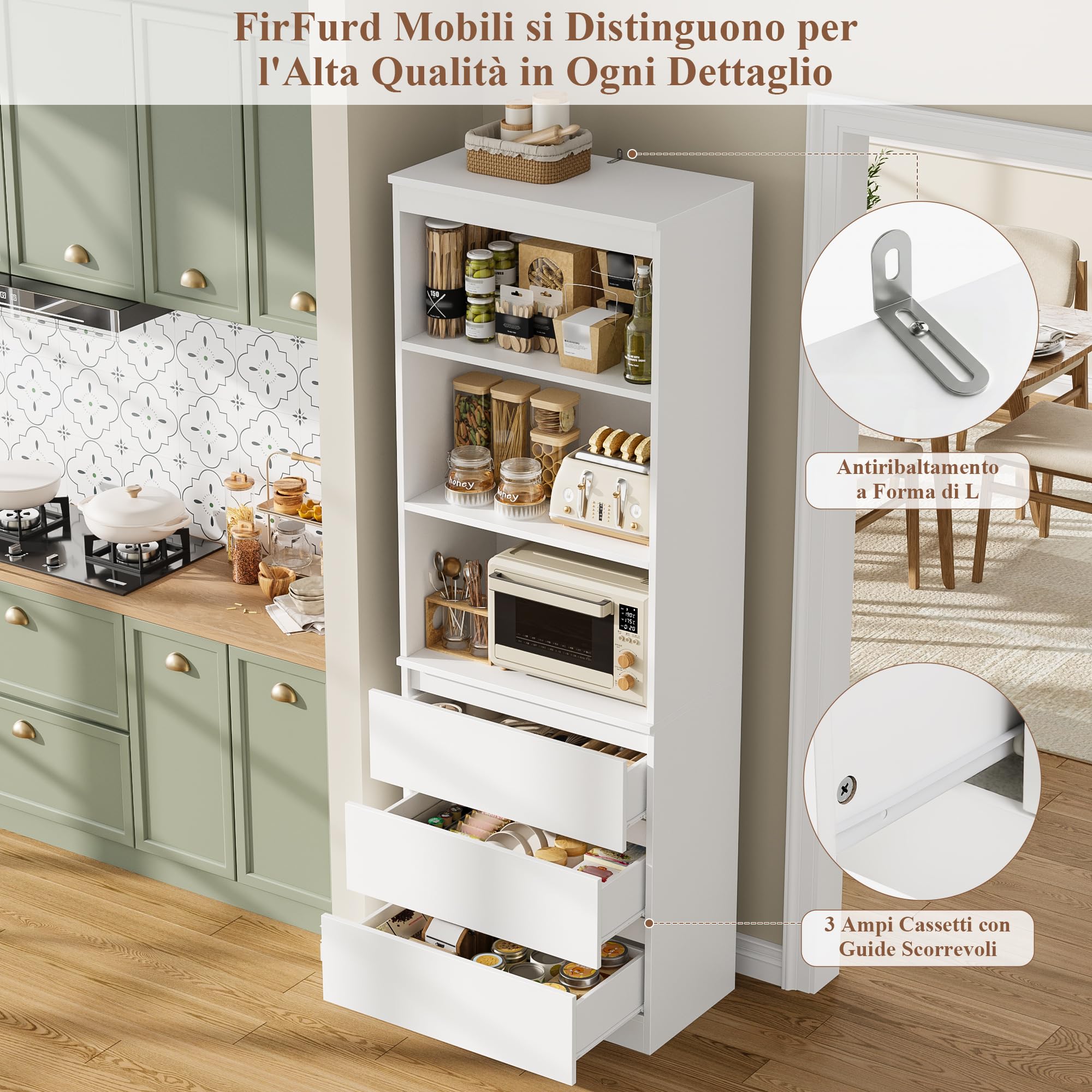 FirFurd Scaffale Libreria con 3 Scomparti Aperti e Cassetto,Scaffale per Libri,Mobiletto Armadietto Mobile in Legno,Mobile Alto Salvaspazio,per Soggiorno, Camera Letto, Studio 60x35x180cm (Bianco)