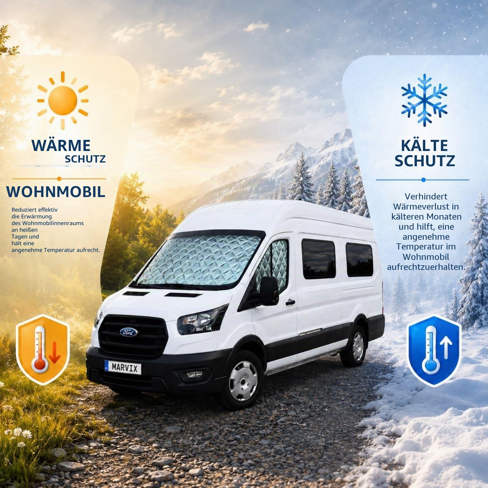 Marvix Thermo-Jalousien für interne Fahrerkabine, Premium-Fensterabdeckung, 9-lagig, für Ford Transit 2015–2024, Wohnmobil, Wohnmobil, silberfarbene Isolierung, Windschutzscheiben-Blenden