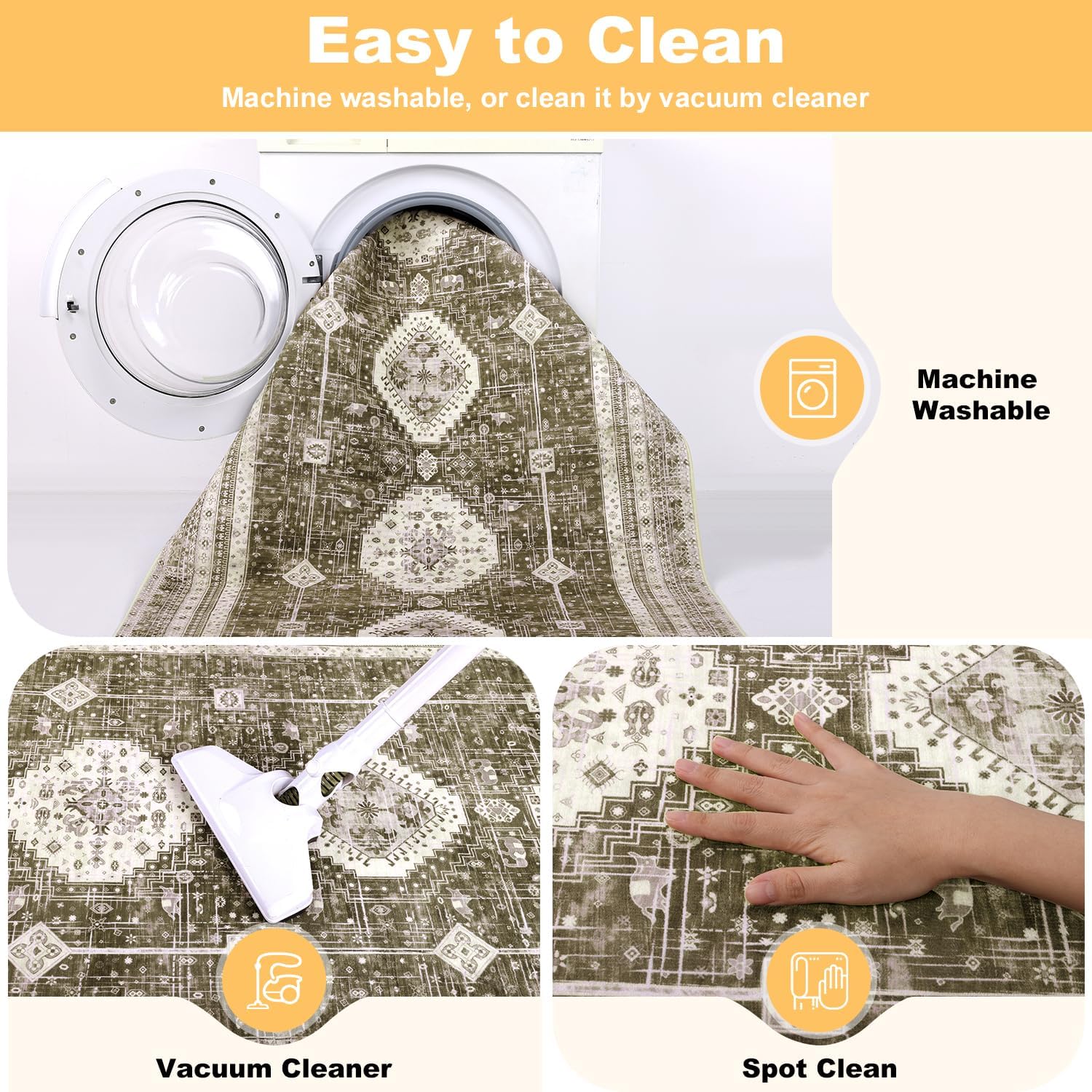 LOKHOM 8x10 Area Rugs for Living Room, Non-Slip Washable Vintage Area Rug, Low Pile Soft Faux Wool Large Floor Carpet Accent Rug for Bedroom Kitchen Entryway Dining Room Nursery,Vintage Brown