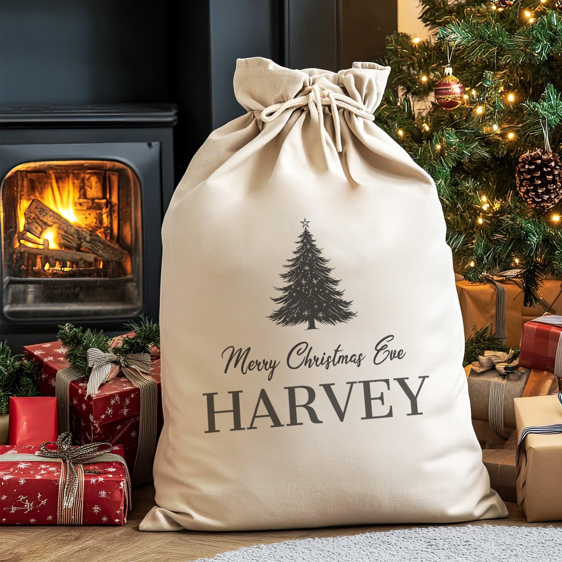 The Gift Project Biege Personalised Name Merry Christmas Eve - Christmas Eve Sack
