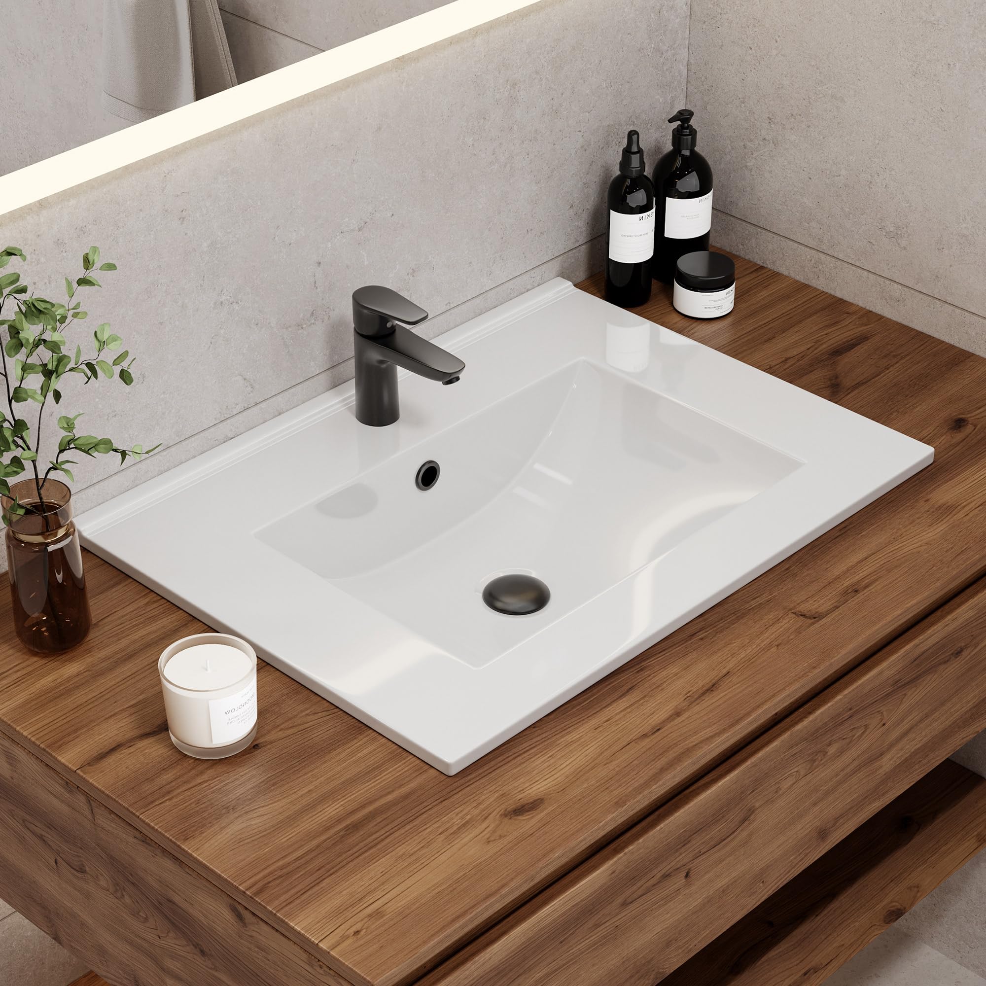 HOROW Lavabo da incasso angolare, lavabo in ceramica da 60 cm di larghezza - Bianco, lavabo soprapiano per mobile sotto, con troppopieno - Ideale per WC per gli ospiti e piccoli bagni