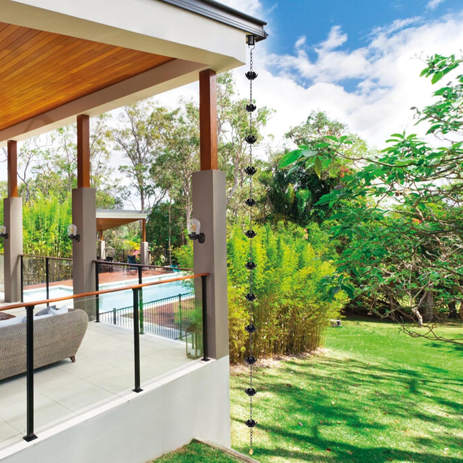 8.5ft Black Rain Chain for Gutters Downspouts Outside, Black Plated Lotus Rain Chain Cups, Functional and Decorative Replacement for Gutter Downspouts