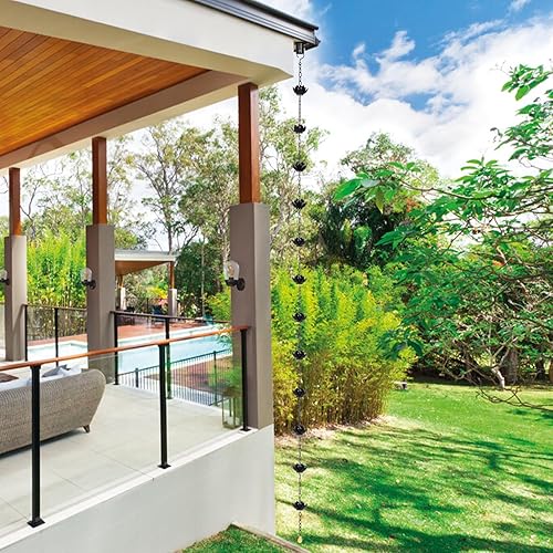 Miniatura 3 de Rifachua Cadena de lluvia negra de 8.5 pies para canaletas y bajantes exteriores, copas de cadena de lluvia de loto chapado en negro, reemplazo