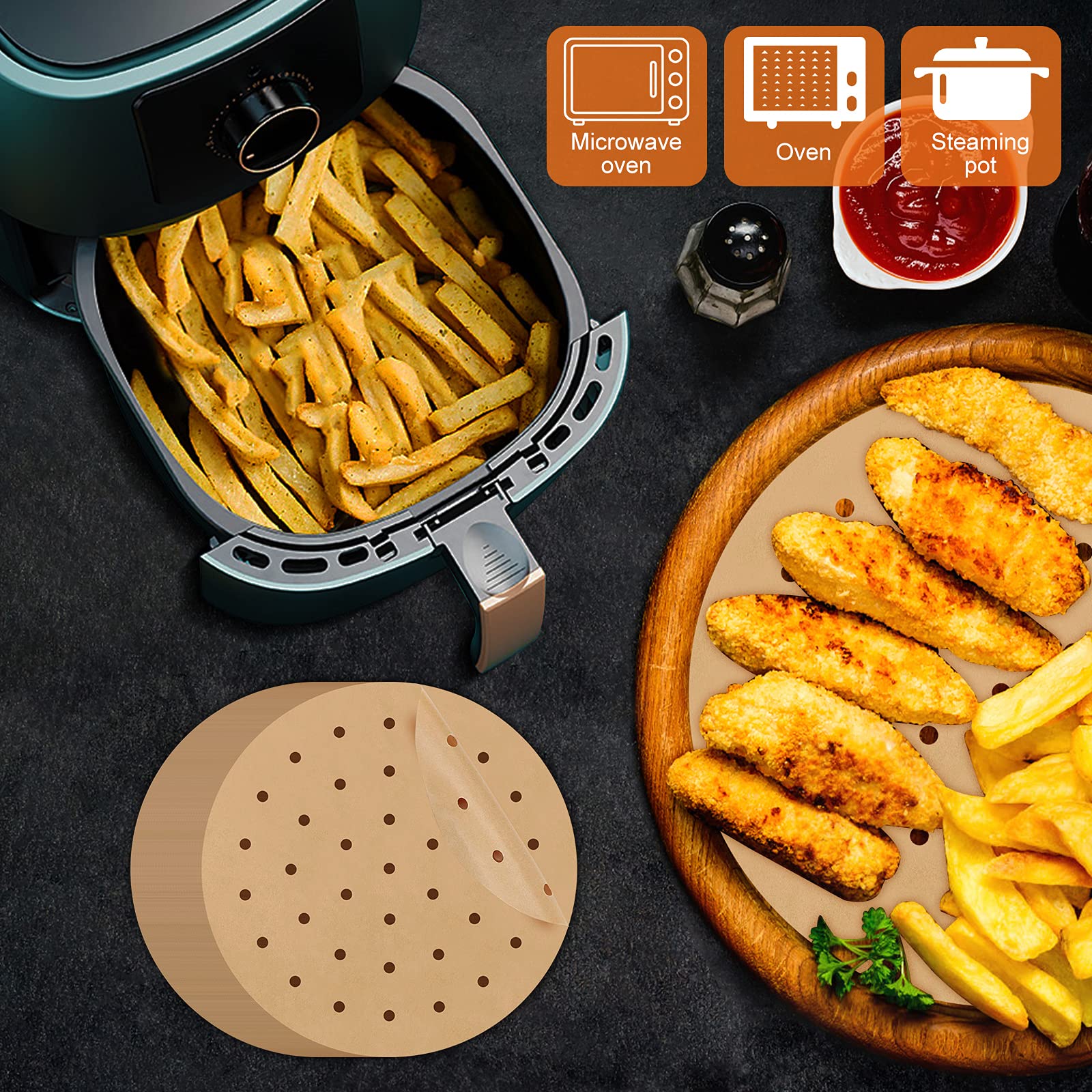 Papier Cuisson Air Fryer DUBUOZA - Lot De 200 - Ø20cm - Résistant à 220°C - Pour Friteuse Sans Huile