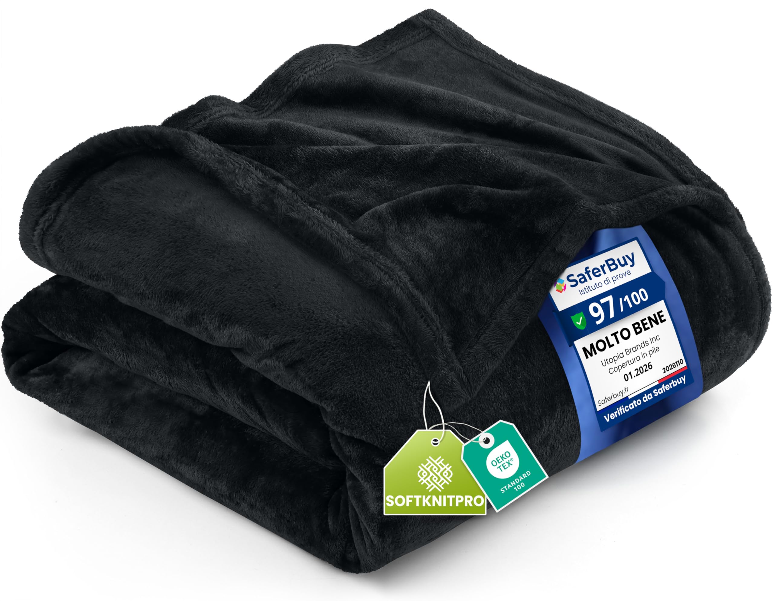 Utopia Bedding Coperta Pile Blanket [228X228 Cm, Nero] Coperta Calda Per Letto, Divano, Sedia E Divano - 300 Gsm Morbida, Accogliente E Spessa Per Tutte Le Stagioni-image