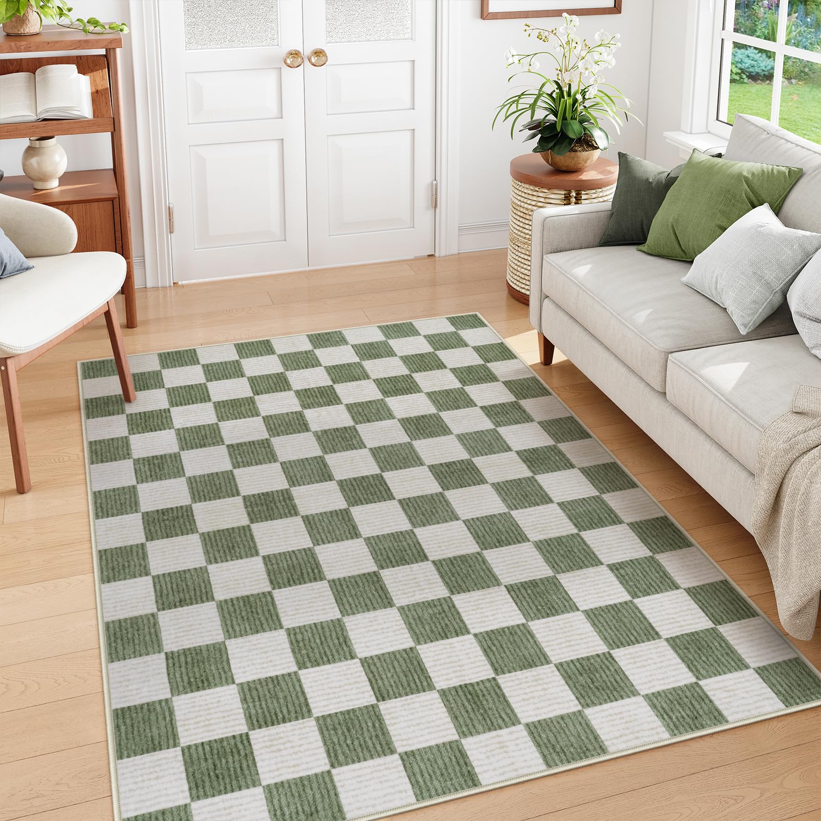 Photo 1 of Machine Washable 5x7 Area Rugs for Living Room Checkered, Non Slip Soft Low Pile Farmhouse Geometric Modern Neutral Playroom Boys Rugs for Bedroom, Large Carpet Rugs for Dining Room(Sage Green,5'x7')