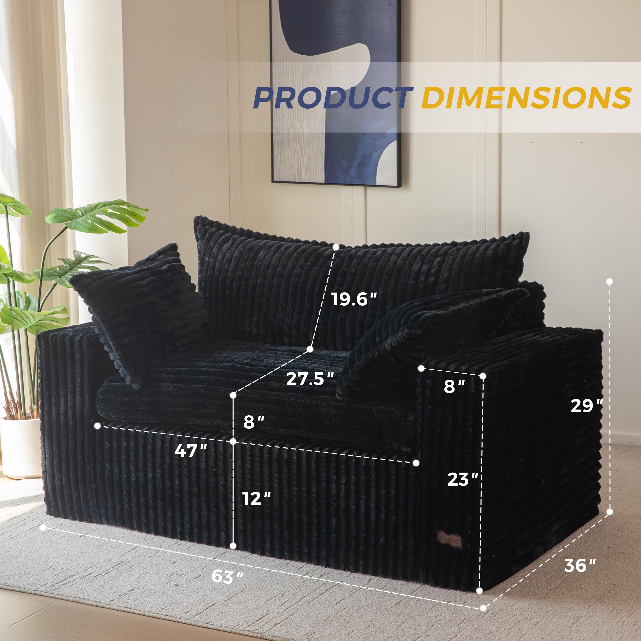Puf para sala de estar, sofá biplaza tapizado con asiento profundo, reposabrazos anchos, sofá sin hueso en una caja para dormitorio, oficina, apartamento, sin montaje, color negro 2