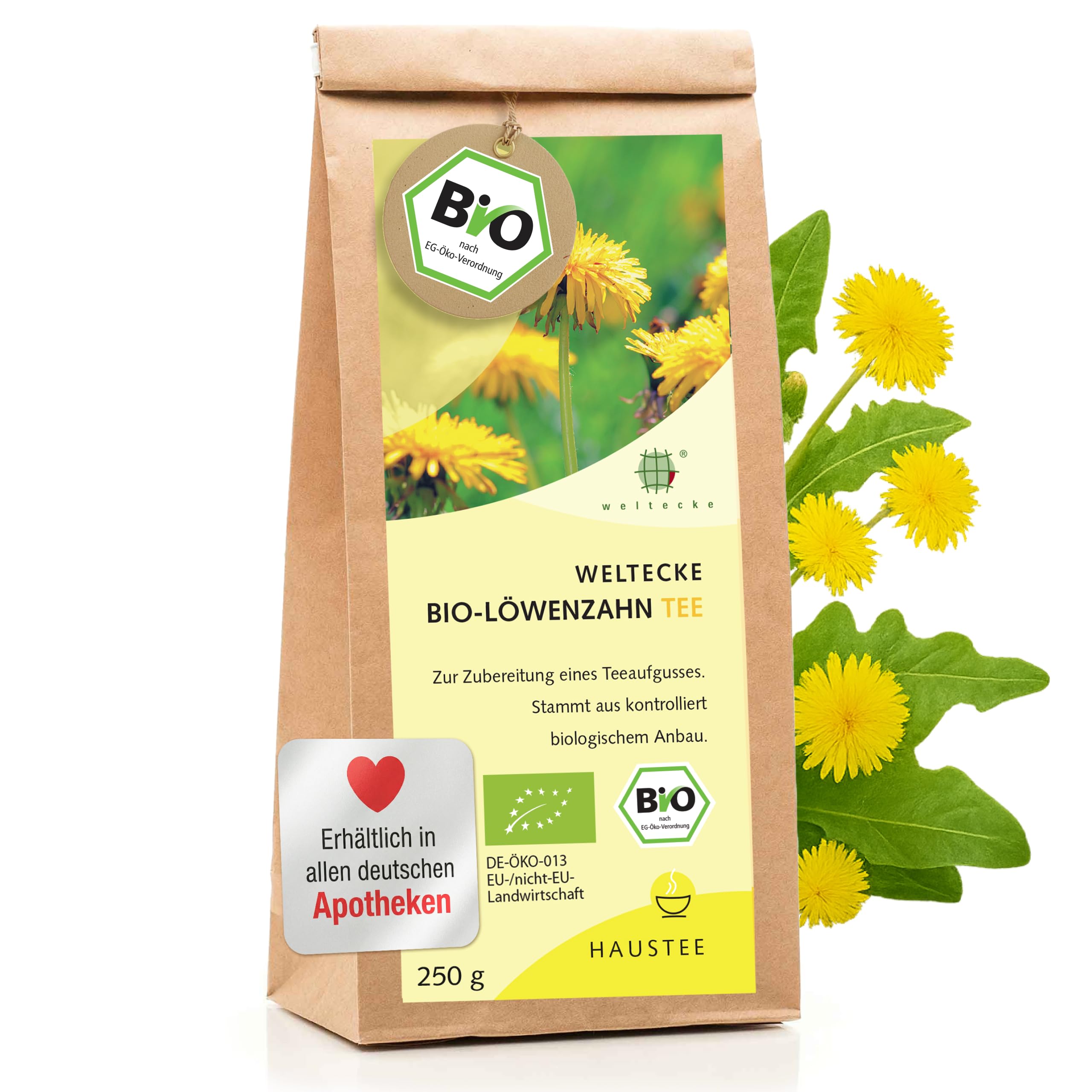 Weltecke Bio-Löwenzahn-Tee lose 250 g | Löwenzahnwurzel & Blätter getrocknet, geschnitten | In Deutschland hergestellt | Würzig-herber Kräuter-Tee I Sanft bittere Note I Organic Dandelion Tea
