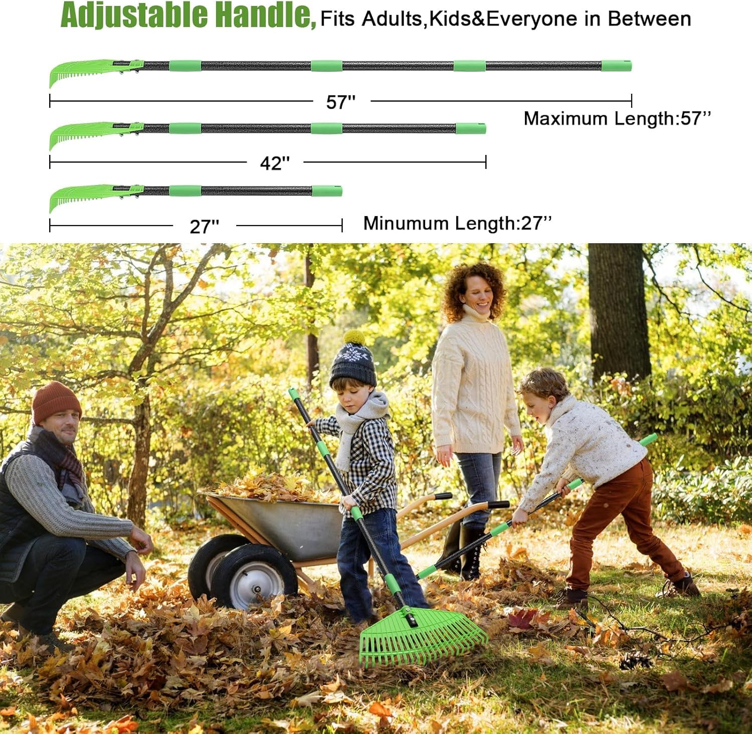 Rastrello per Foglie, Rastrello da Giardino Largo 42 cm per Cortile e Prato, Rastrello per Foglie da Giardino con Manico Lungo Regolabile 106 cm, Testa in Plastica con 23 Denti per Spazzare Foglie