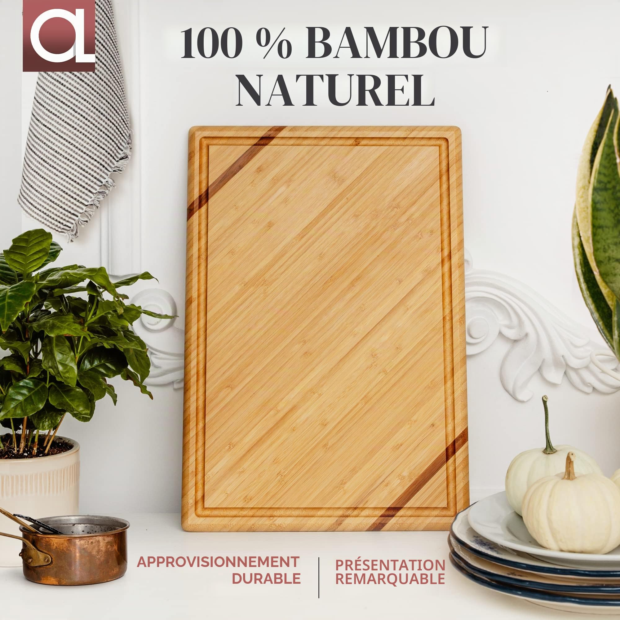 Planche a Decouper Bois Wellspring en Bambou - Grand Format (45x30 cm) - Planche à Découper Professionnelle de Luxe en Bois Biologique avec Rainure pour le Jus pour la Cuisine