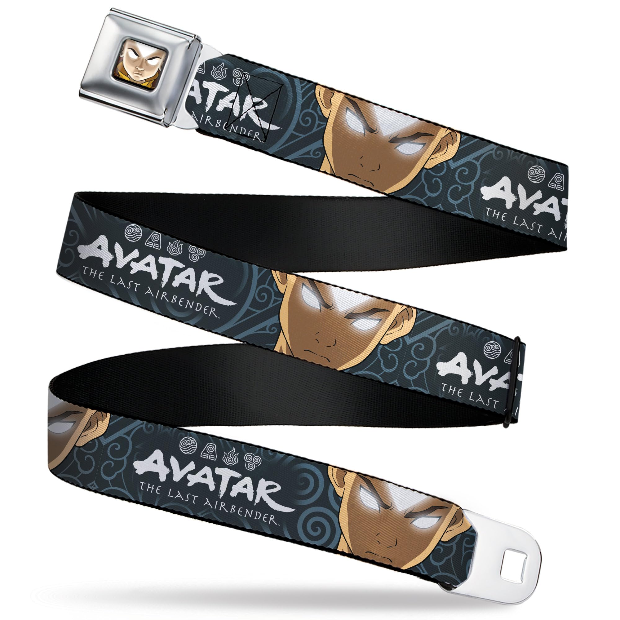 Nickelodeon Belt, Seatbelt Buckle Belt, Avatar Last Airbender Aang Face Close Up and Title Blue White, Youth 20 to 36 Inches