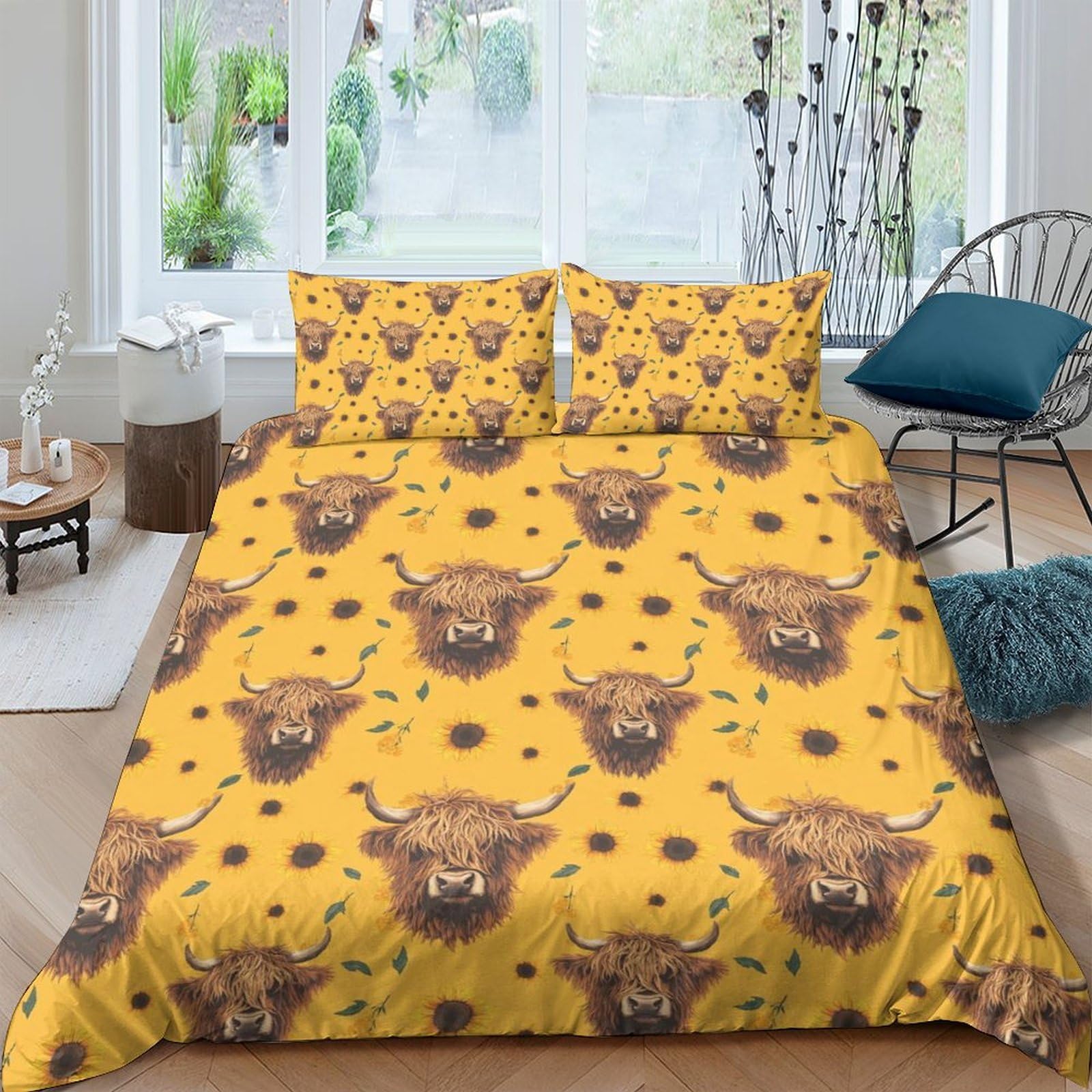 Ctjqhvkz Style-9 3D Printed Highland Cow Sunflower Fitted Sheet Microfiber Soft Bed Cover Yellow Animal Decor For Bedroom Guest Room Single（135X200cm）