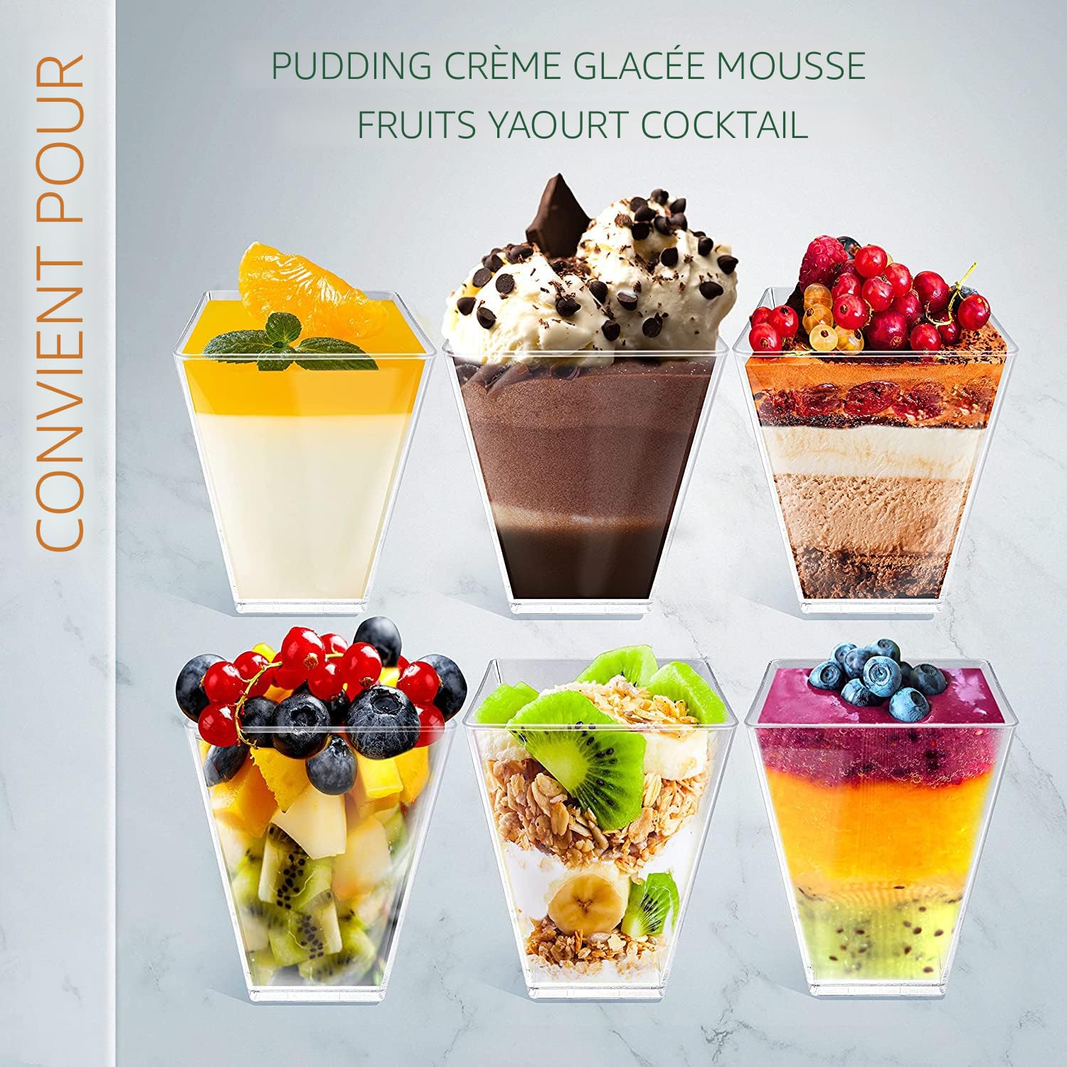 50 Tasses à Dessert 160ml Plastique Avec Cuillères Et Couvercles - Réutilisables