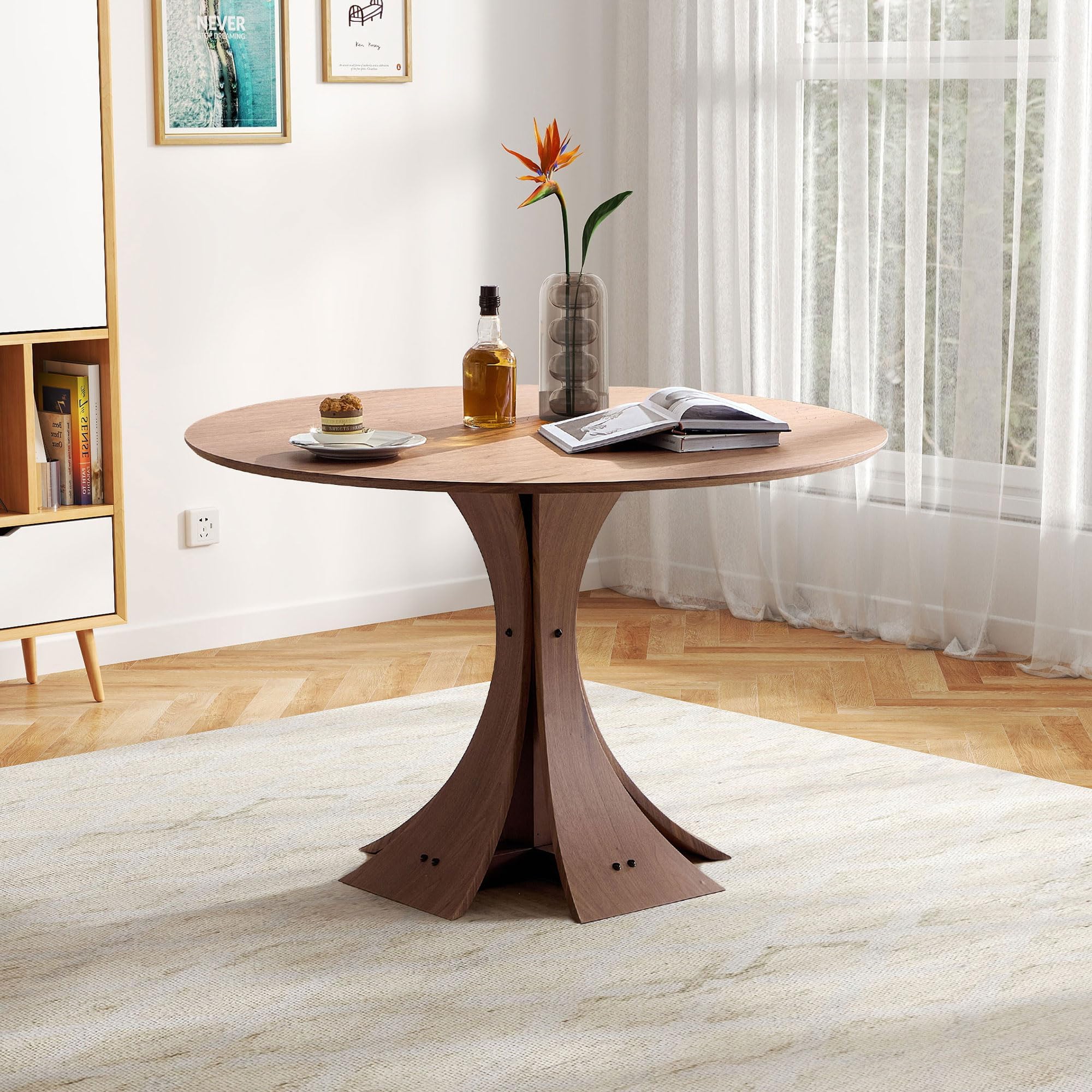 47.24" Round Wood Dining Table for 4 to 6, Modern Kitchen Table with Wooden Unique Pedestal Base, Mid Century Circular Tabletop for Leisure Coffee Table Furniture, Walnut