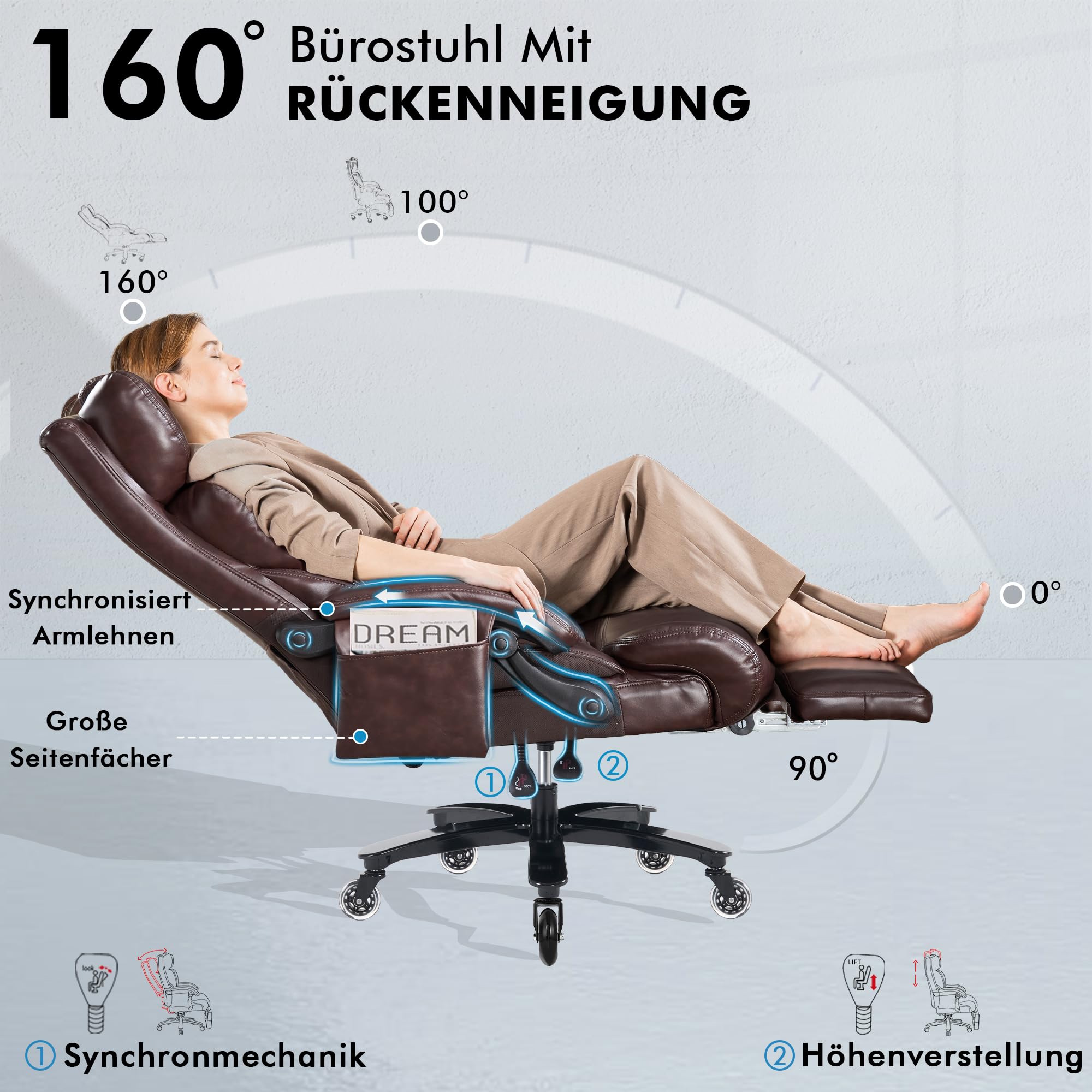 DEKKETO Bürostuhl Ergonomisch mit Fußstütze, Leder Chefsessel mit Massagefunktion, Verstellbare Kopfstütze und Lendenstütze, Rückenlehne, Drehstuhl mit Staufächern, Braun