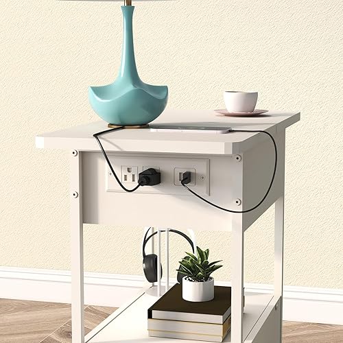Miniatura 5 de Mesa auxiliar con estación de carga, mesa auxiliar estrecha con armario abatible y cajón de tela, mesitas de noche para espacios pequeños,