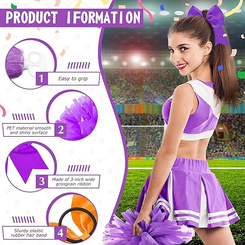 Miniatura 45 de Hanaive 3 pompones de animadora y lazo grande para animadora para el pelo, suministros metálicos para animadora de espíritu de equipo, deportes
