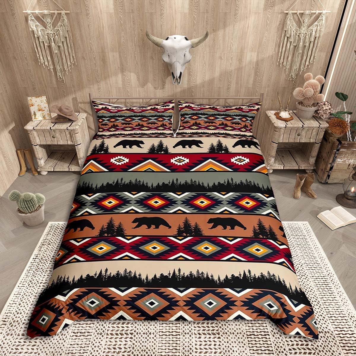 Homemissing Bear Duvet Cover Super King Size Kids Rustic Cabin Duvet Cover for Boys Girls Teens Boho Aztec Bedding Set Breathable Southwestern Ethnic Tribal Bedroom Decor — image 1