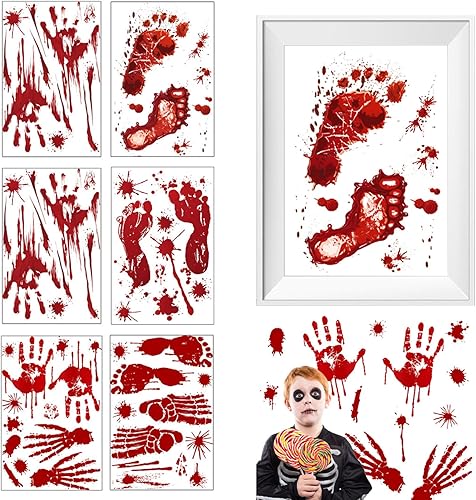 Miniatura 4 de Calcomanías de Halloween para ventana, 6 hojas de calcomanías de huellas de manos sangrientas, calcomanías realistas de zombi, calcomanías