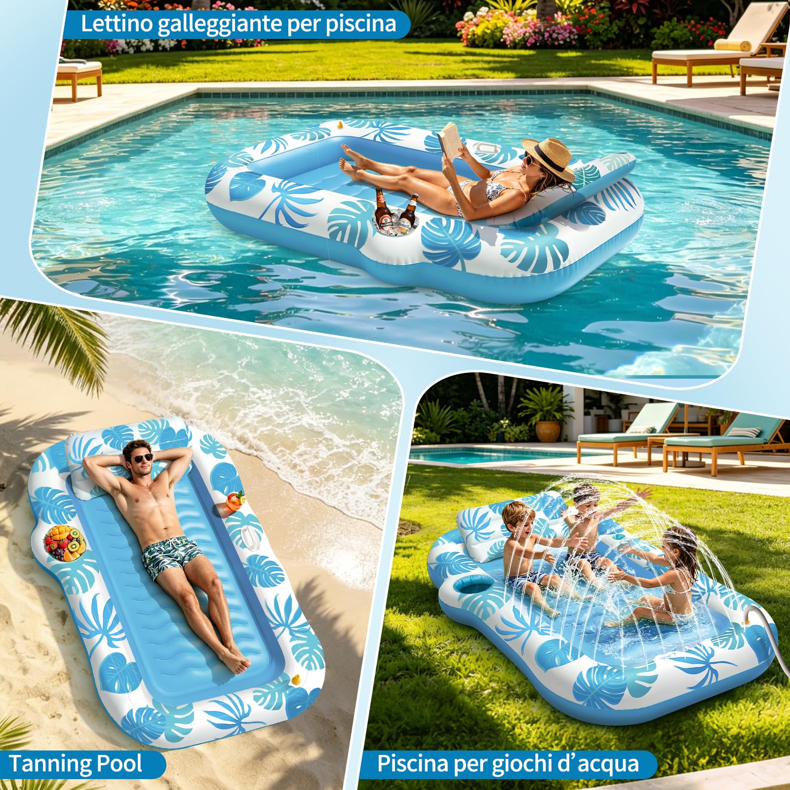JONRRYIN Materassino Gonfiabile Mare Adulti, Tanning Pool con Funzione Spruzzo e Porta Bicchiere, Materassino Piscina 215×150 cm, Poltrona Gonfiabile Piscina Relax per Mare e Piscina