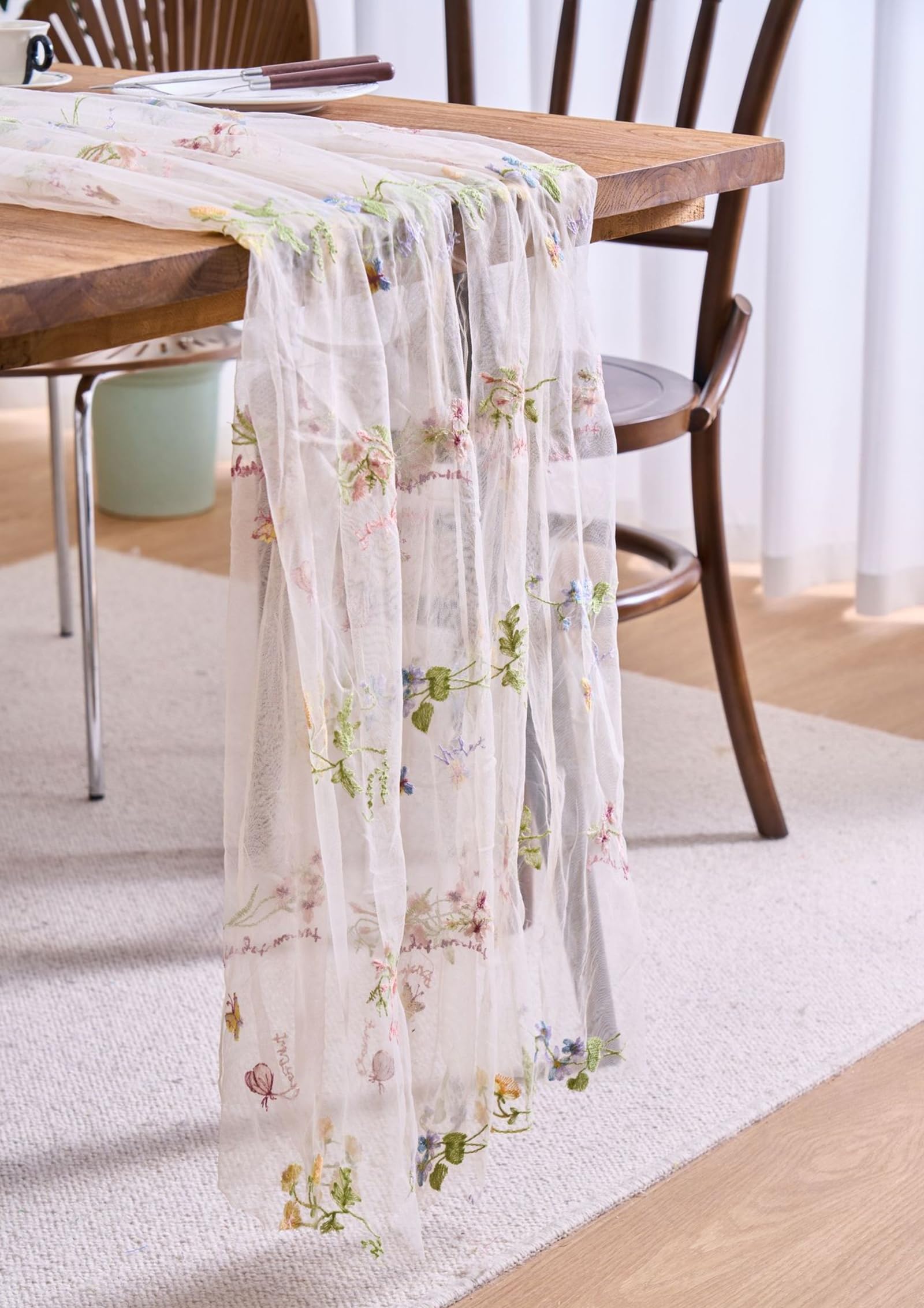 Tischläufer Polyester Modern, Tischläufer Landhausstil 150x220 cm, Spitze mit Floraler Stickerei