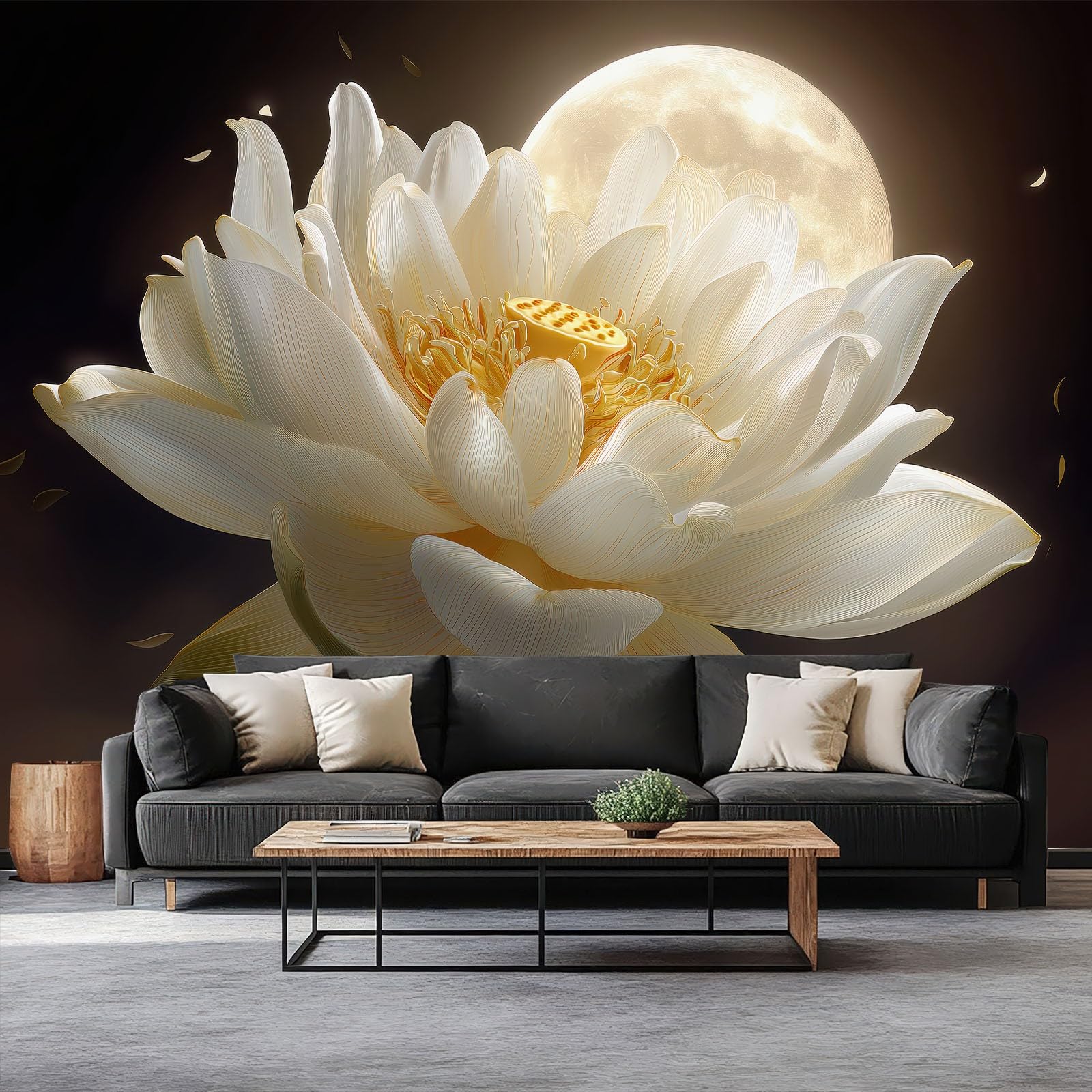 Papier peint zen lotus blanc lune pour décorer une chambre d'enfant