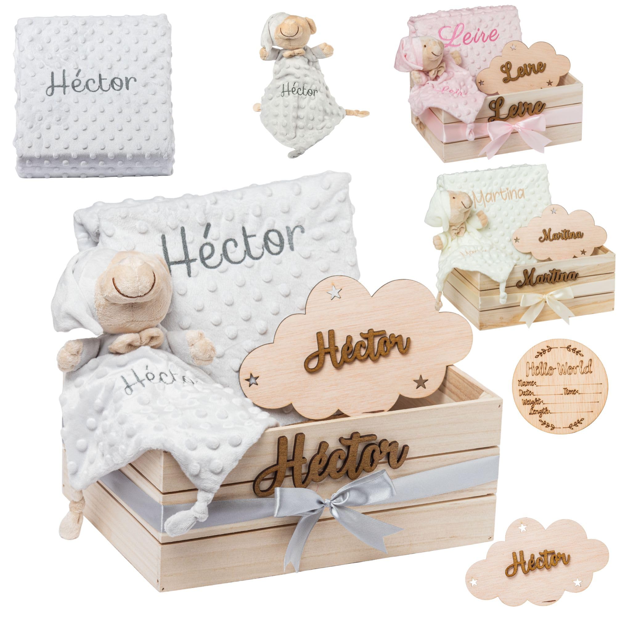 Regalo para Bebé Recién Nacido Niño o Niña | Cesta con Manta, DouDou, Capa de Baño, Nube Decorativa y Marco|Canastilla Embarazo,Bautizo,Hospital y Baby Shower | Nombre en Madera | Olesea (Gris)