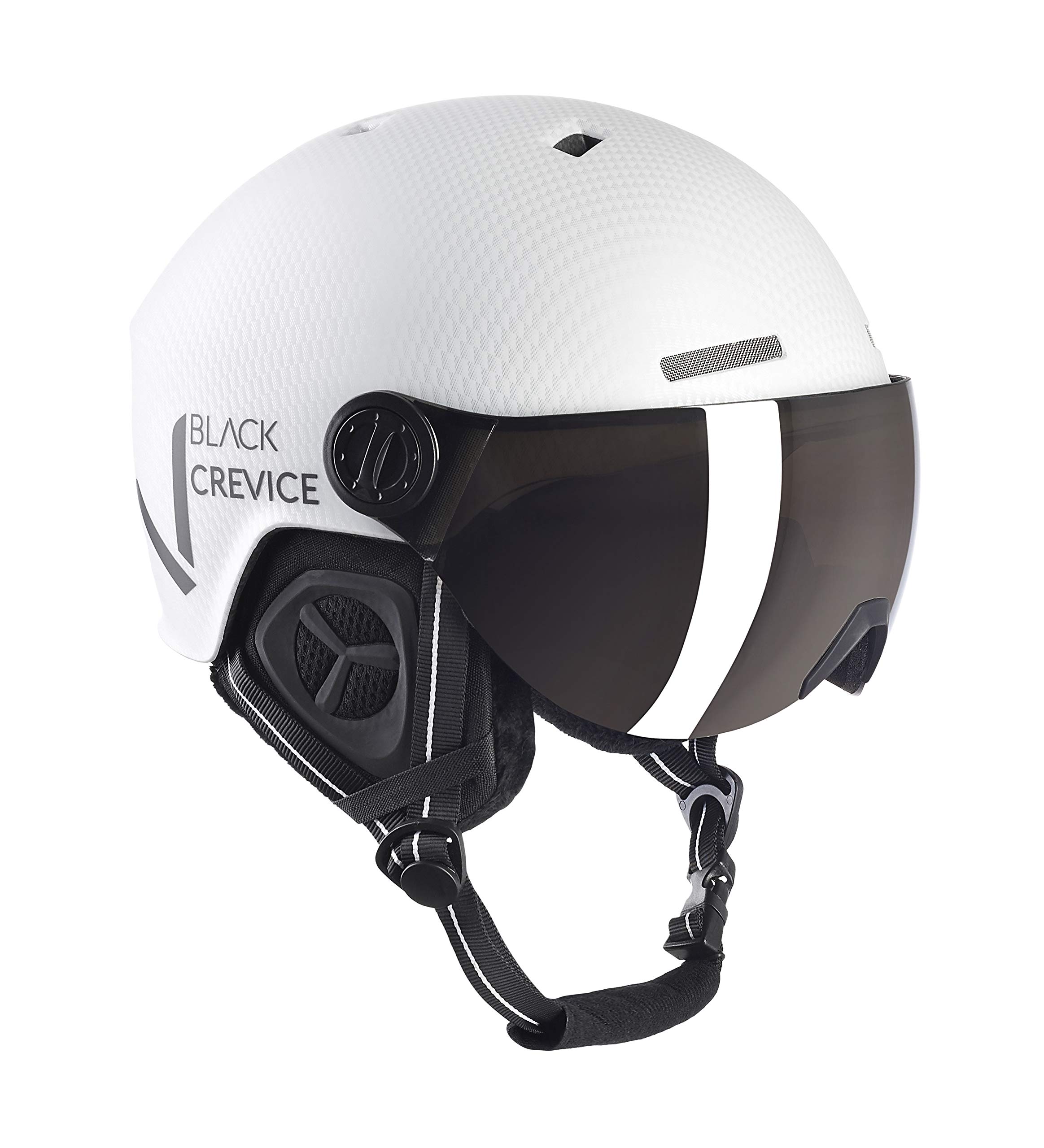 BLACK CREVICE Casco da sci Sölden I Casco da sci con visiera stile pilota in diversi colori I Casco da sci Uomo & Donna I Casco da snowboard unisex I (S, bianco carbone opaco/nero)