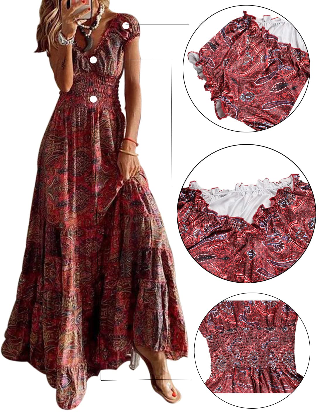 ABYOVRT Robe Maxi D'été pour Femme Bohème Robe de Vacances Col V à Fleur Manches Courtes Robe de Soiree Party Plage