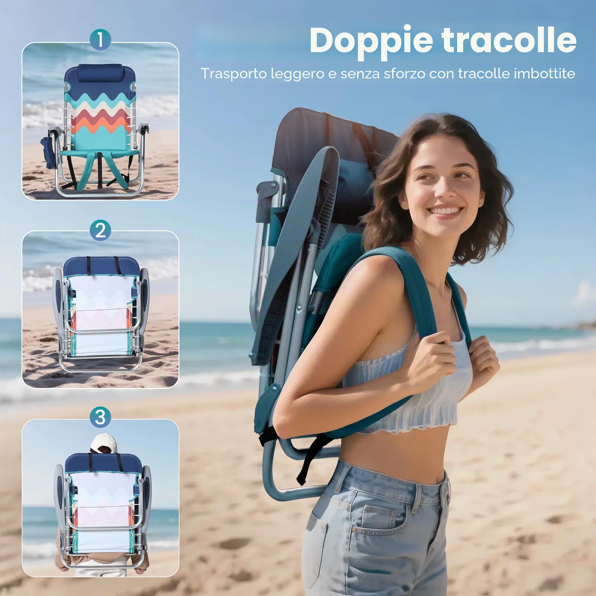 HIGH POINT SPORTS Set di 2 sedie da spiaggia pieghevoli con zaino, leggere, portatili, reclinabili, supportano 113 kg, sedie da campeggio con 4 posizioni per adulti, blu
